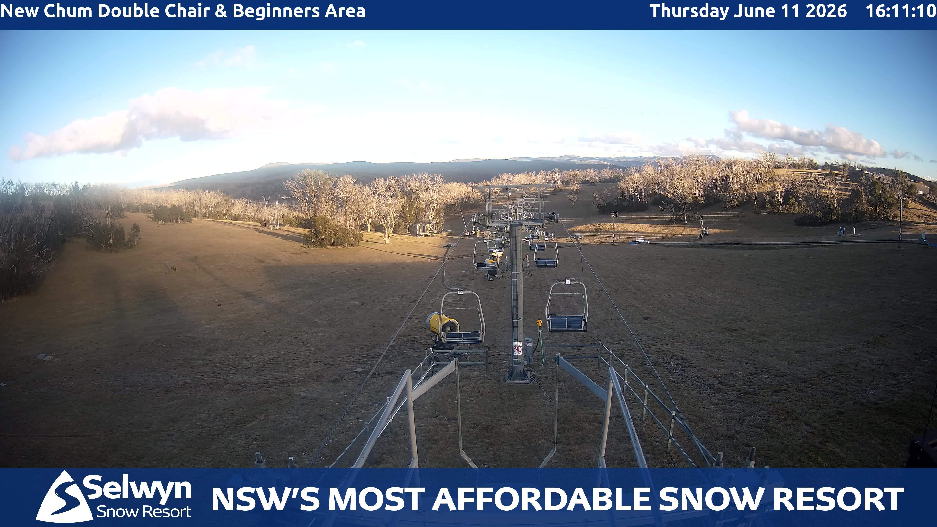 Selwyn Snow Resort New Chum Double Chair and Beginners Area snow cam captured at 11 June 2026, 6:16 am