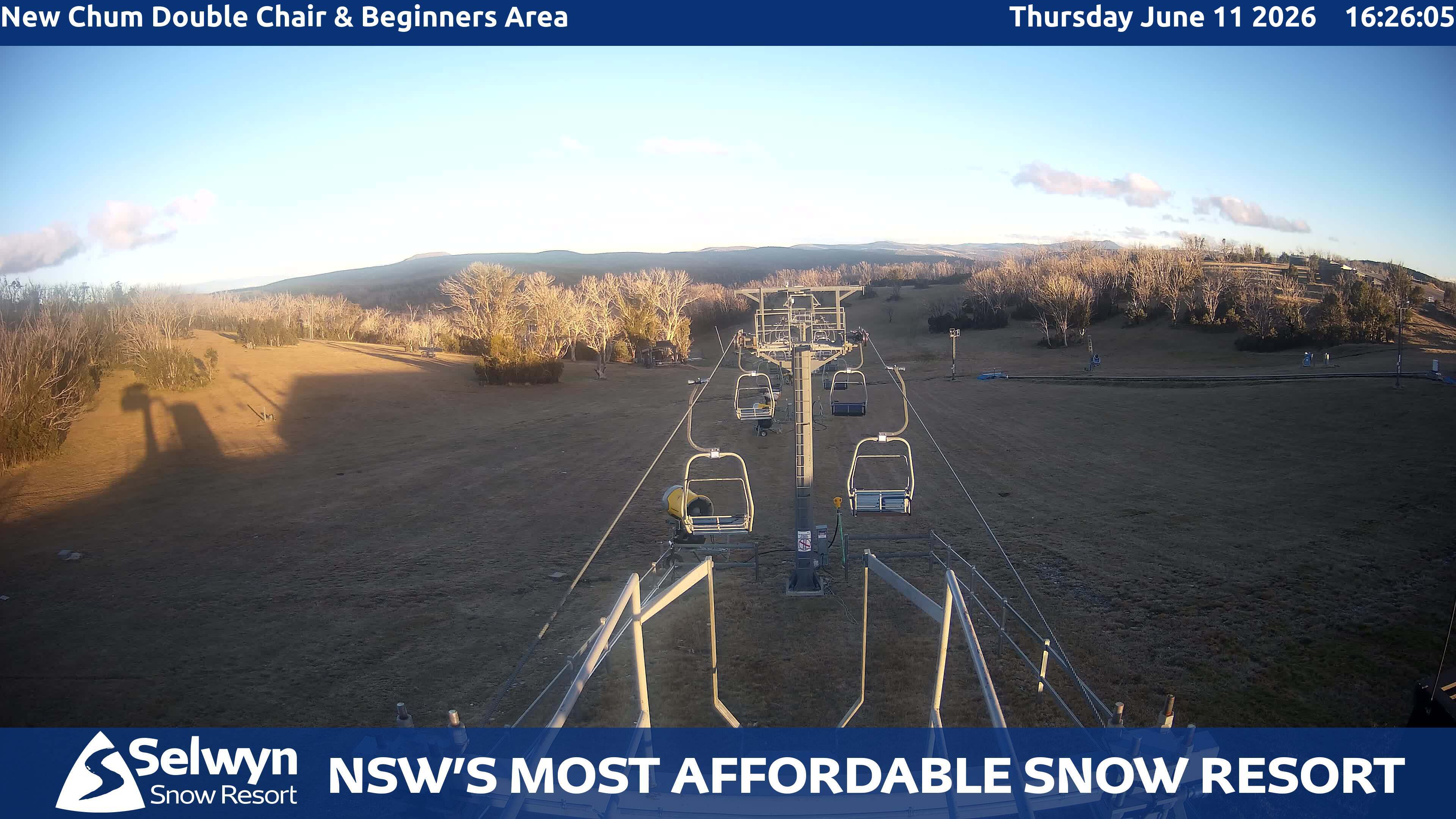 Selwyn Snow Resort New Chum Double Chair and Beginners Area snow cam captured at 11 June 2026, 6:28 am