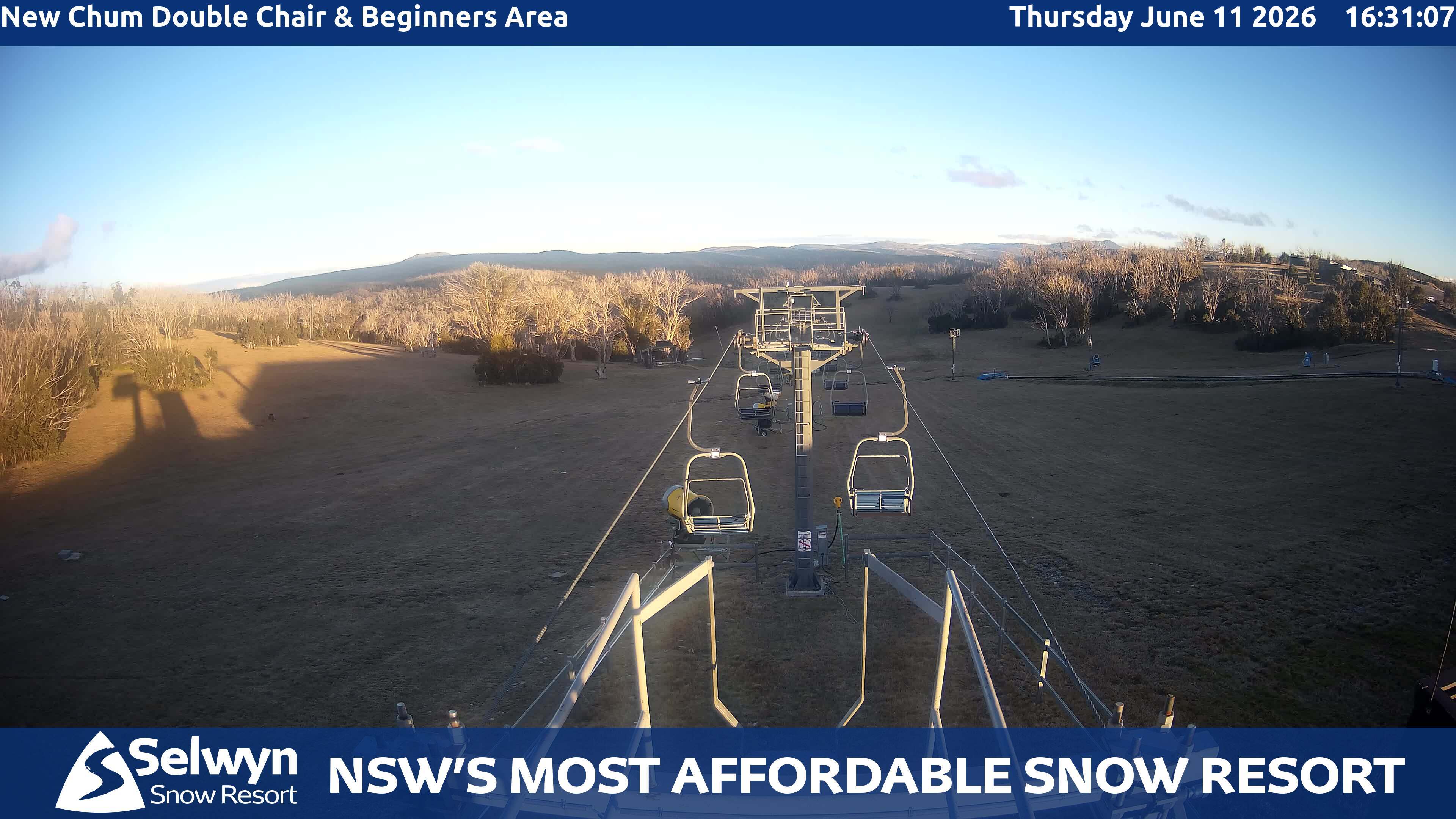 Selwyn Snow Resort New Chum Double Chair and Beginners Area snow cam captured at 11 June 2026, 6:34 am