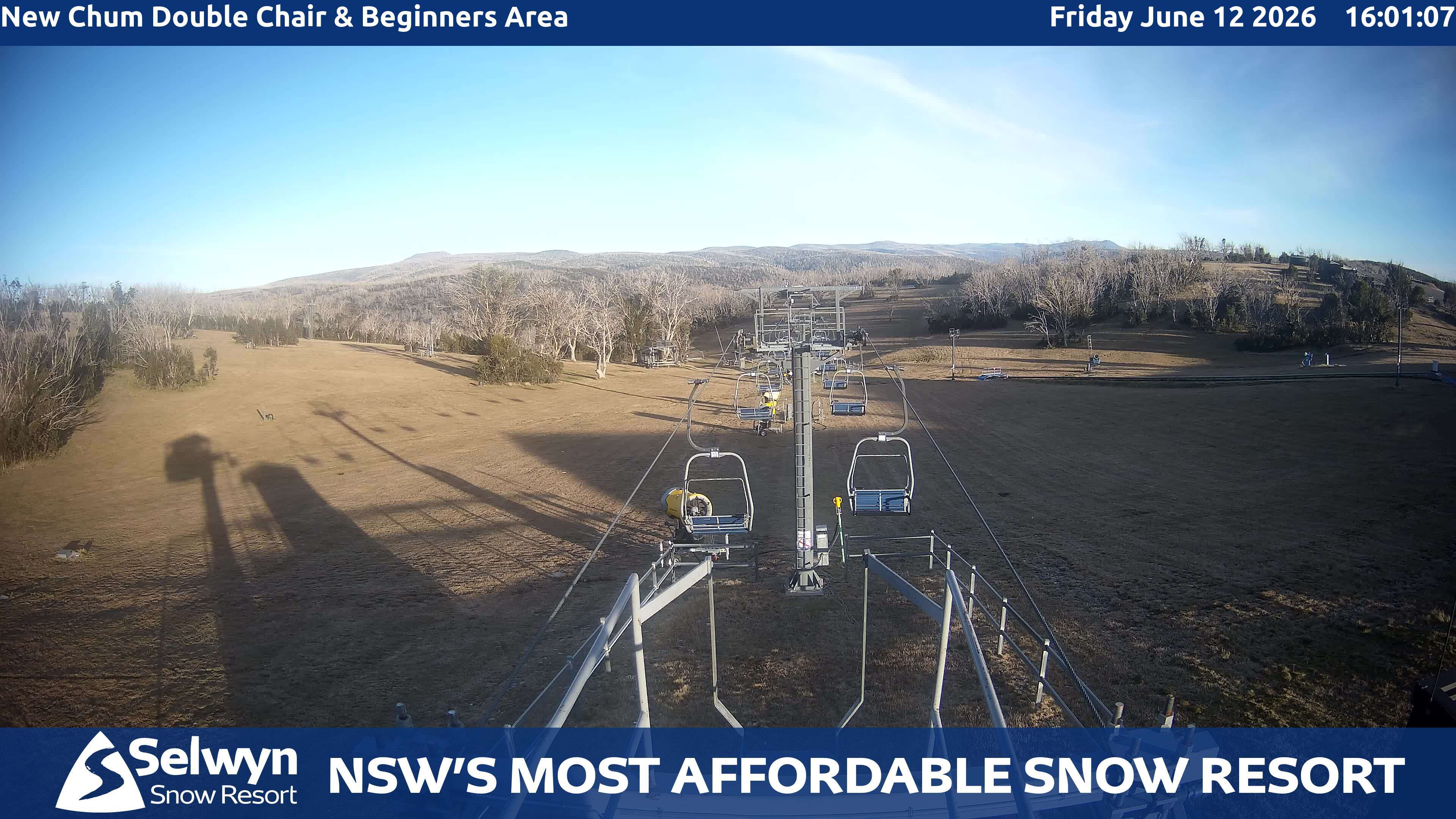 Selwyn Snow Resort New Chum Double Chair and Beginners Area snow cam captured at 12 June 2026, 6:04 am