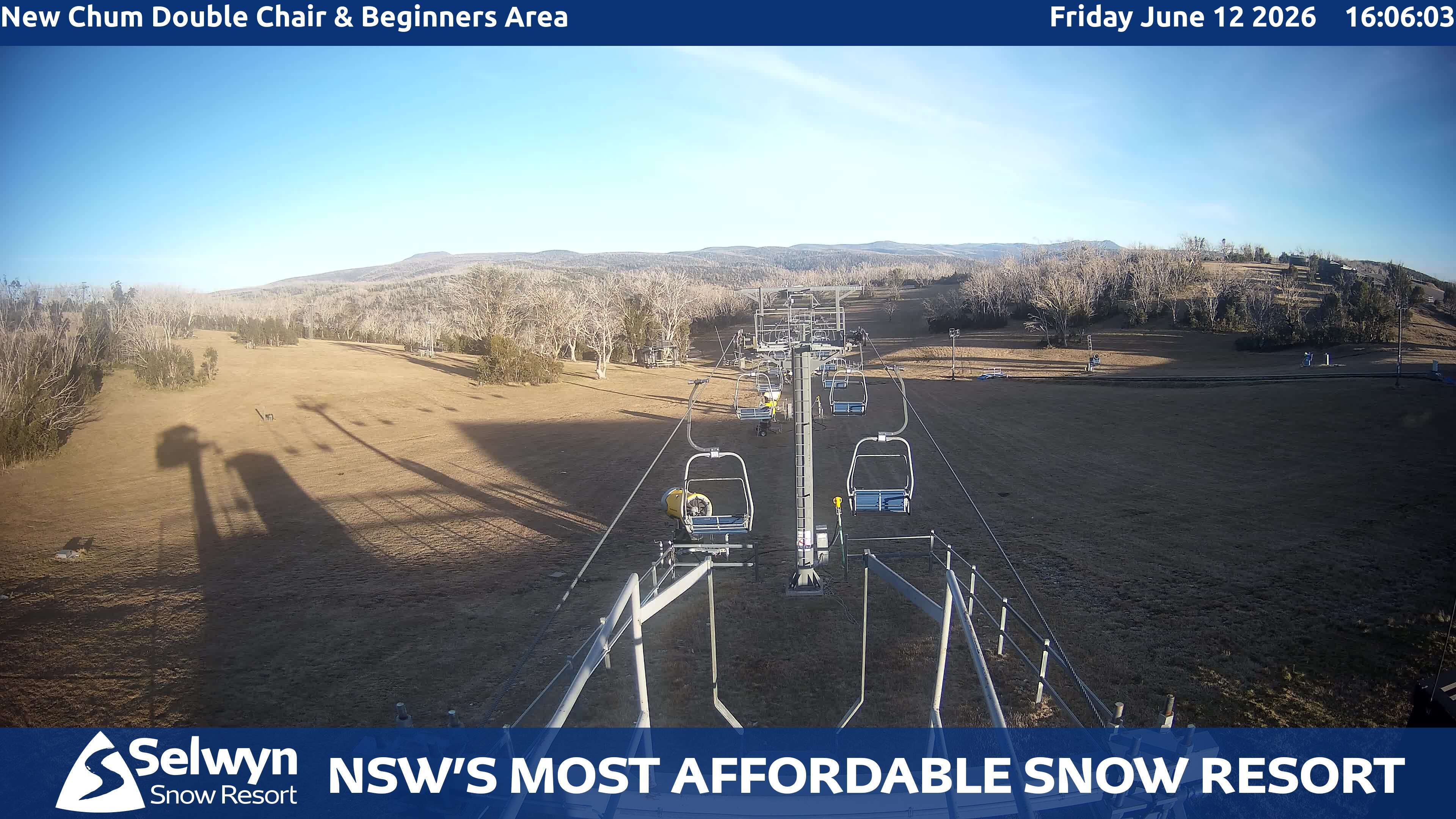 Selwyn Snow Resort New Chum Double Chair and Beginners Area snow cam captured at 12 June 2026, 6:10 am