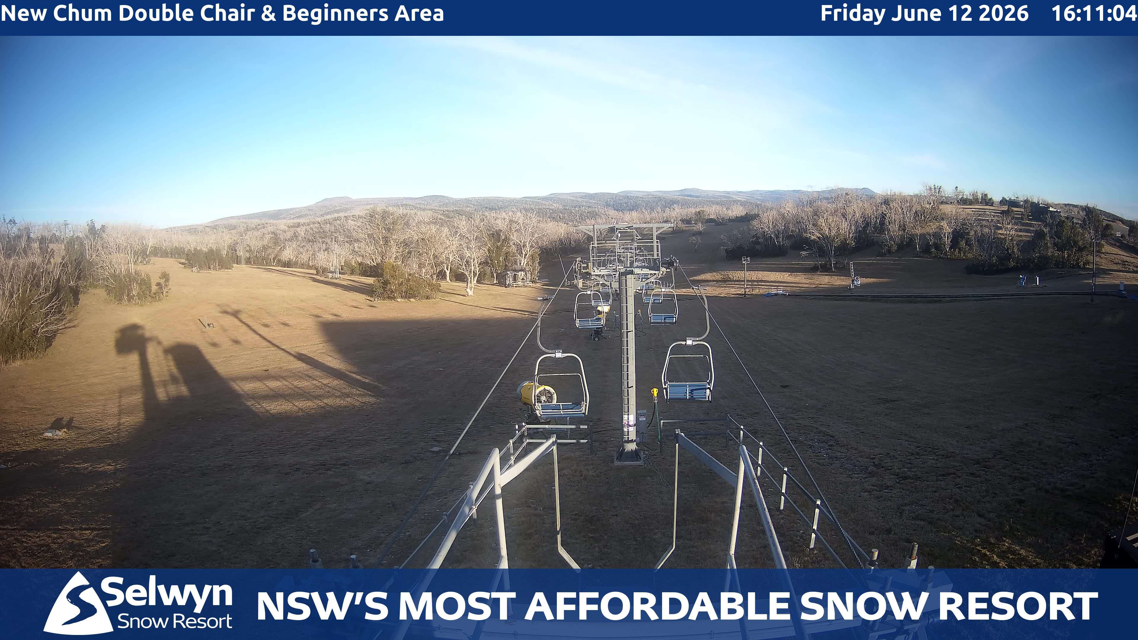 Selwyn Snow Resort New Chum Double Chair and Beginners Area snow cam captured at 12 June 2026, 6:16 am
