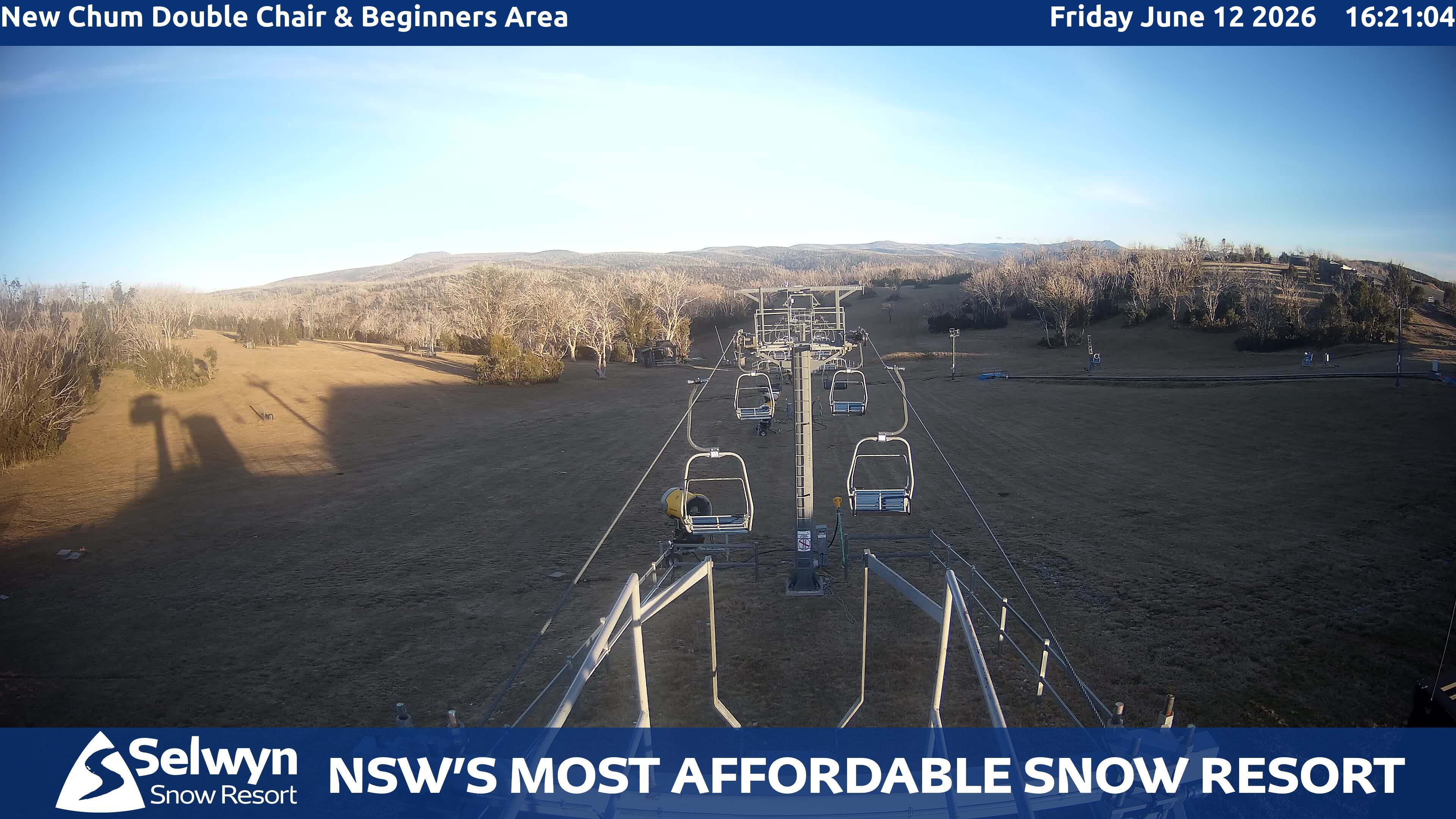 Selwyn Snow Resort New Chum Double Chair and Beginners Area snow cam captured at 12 June 2026, 6:22 am