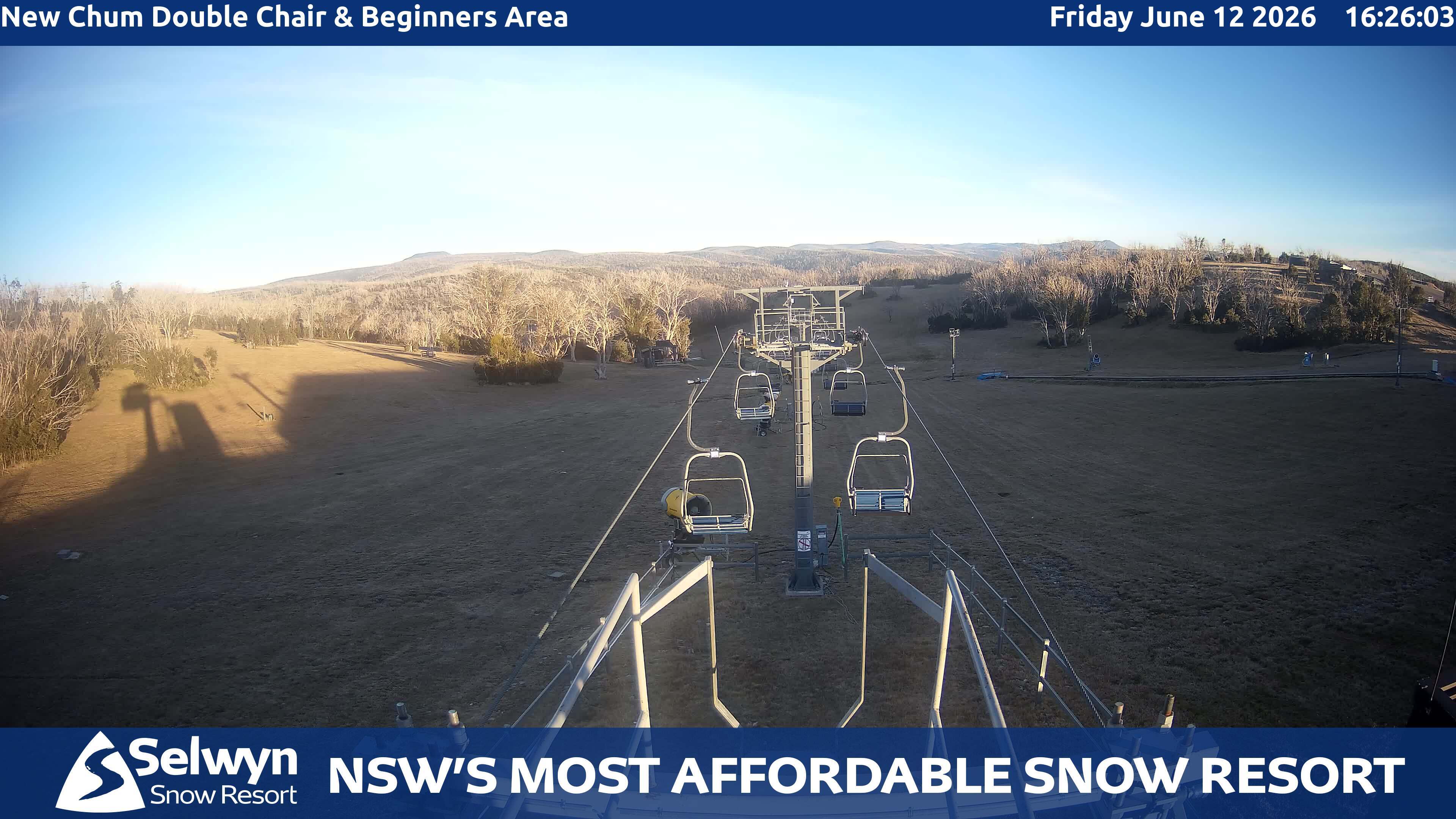 Selwyn Snow Resort New Chum Double Chair and Beginners Area snow cam captured at 12 June 2026, 6:28 am