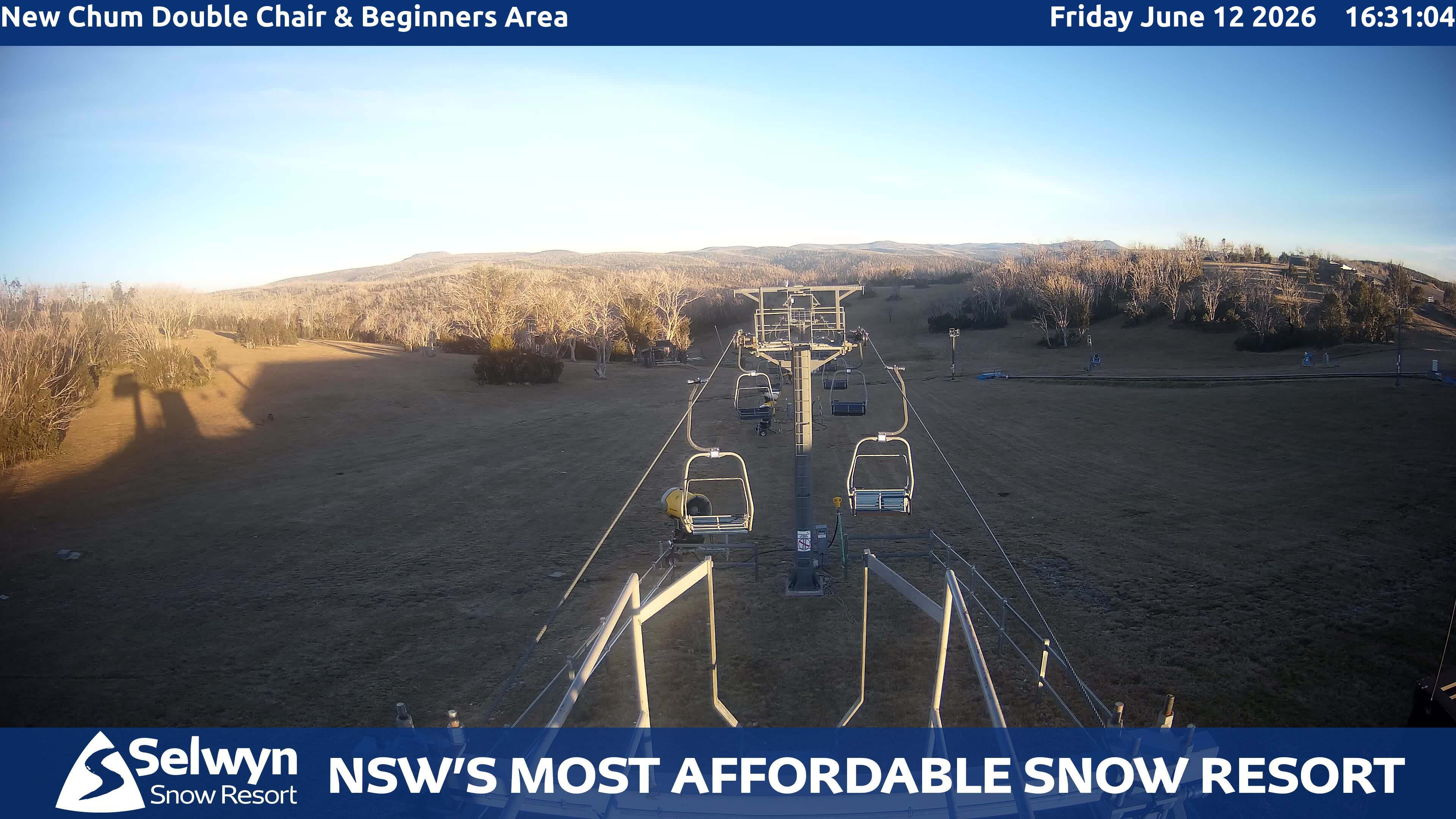 Selwyn Snow Resort New Chum Double Chair and Beginners Area snow cam captured at 12 June 2026, 6:34 am