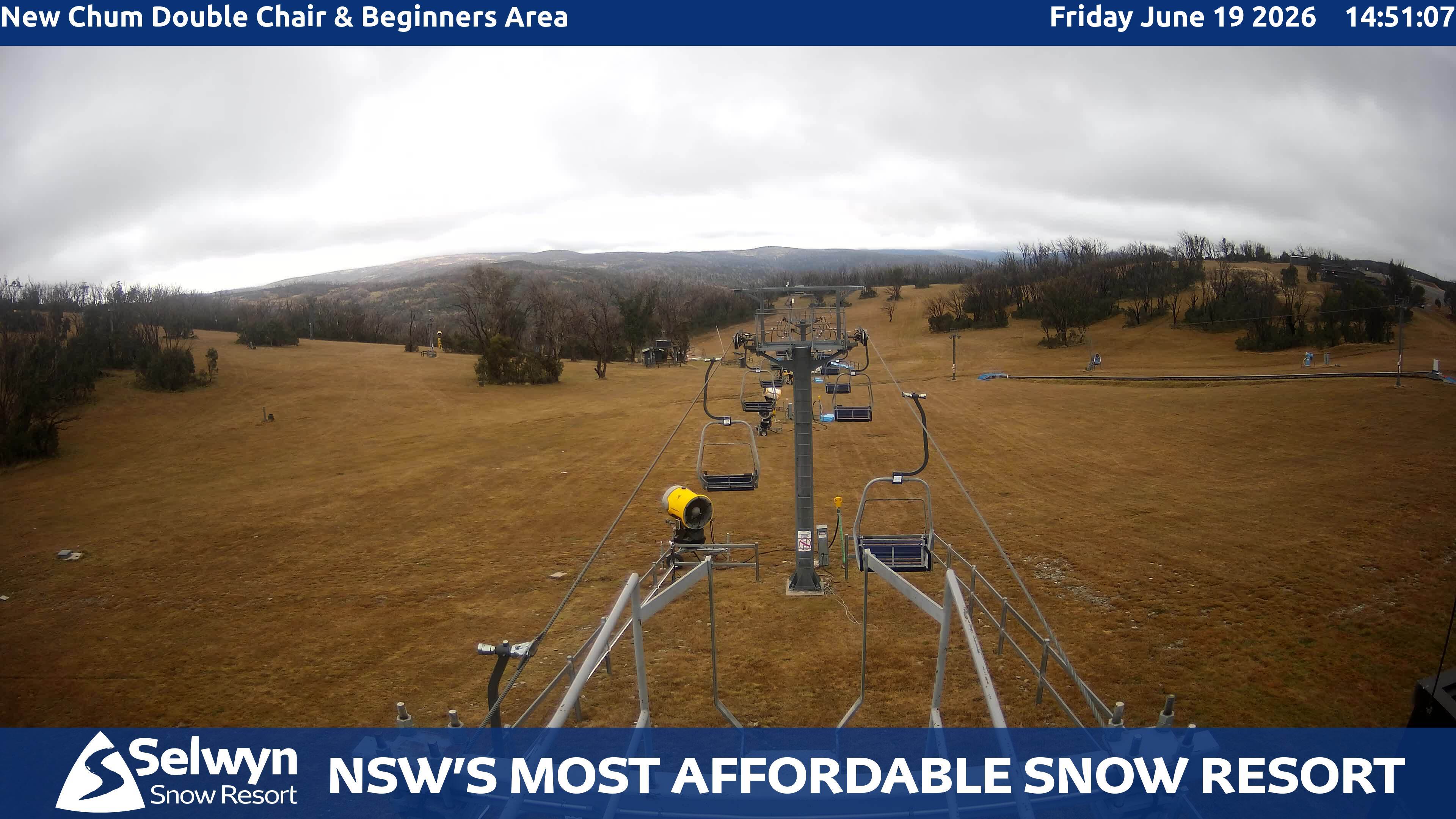 Selwyn Snow Resort New Chum Double Chair and Beginners Area snow cam captured at 19 June 2026, 4:51 am