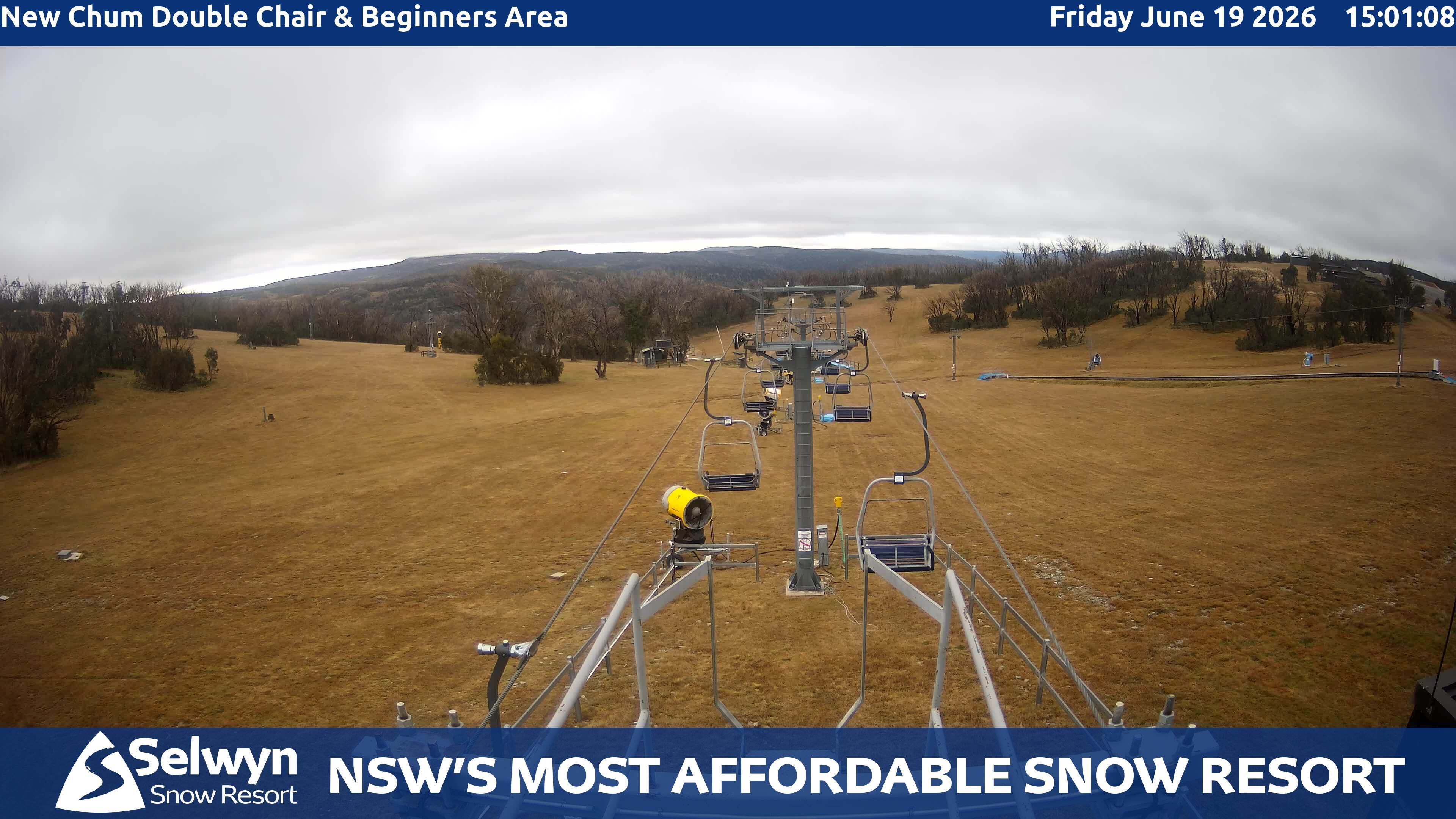 Selwyn Snow Resort New Chum Double Chair and Beginners Area snow cam captured at 19 June 2026, 5:03 am