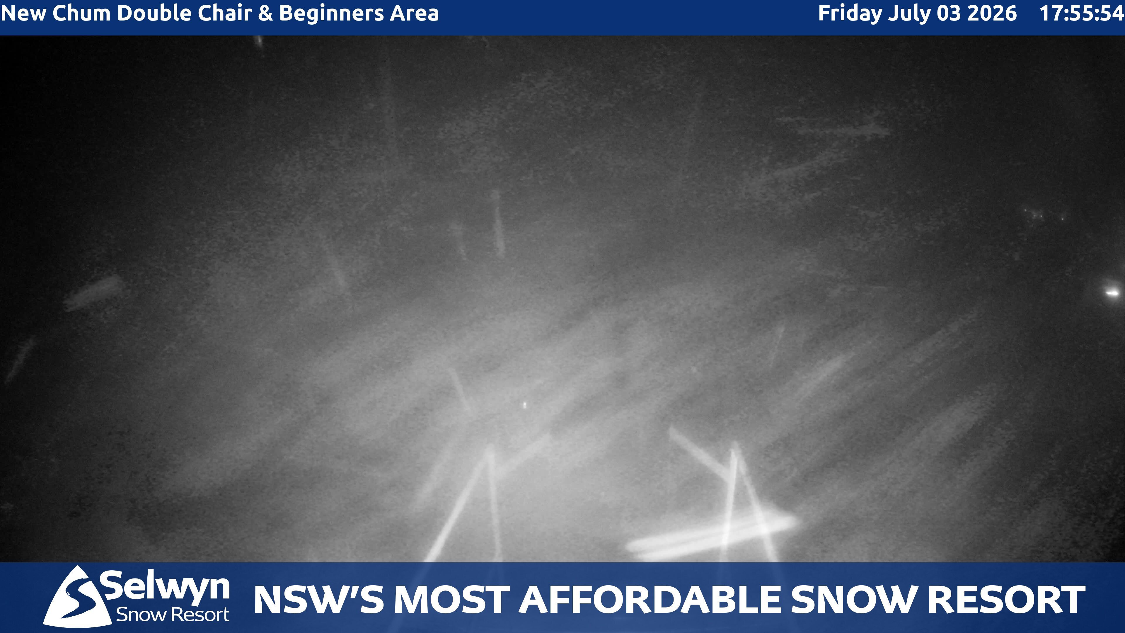 Selwyn Snow Resort New Chum Double Chair and Beginners Area snow cam captured at 3 July 2026 at 6:00 pm AEST