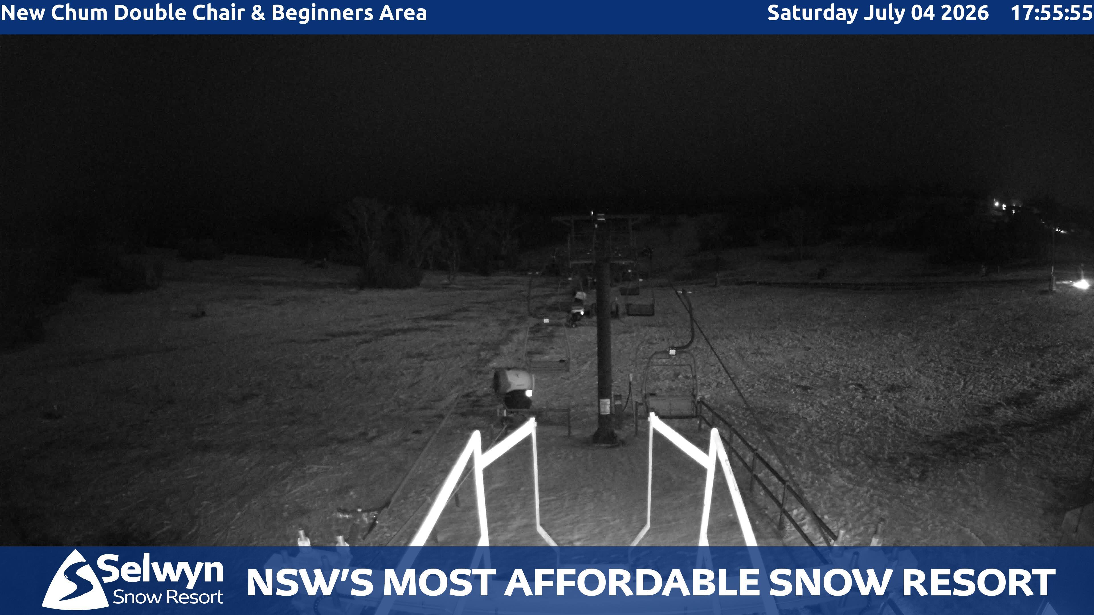 Selwyn Snow Resort New Chum Double Chair and Beginners Area snow cam captured at 4 July 2026 at 6:01 pm AEST