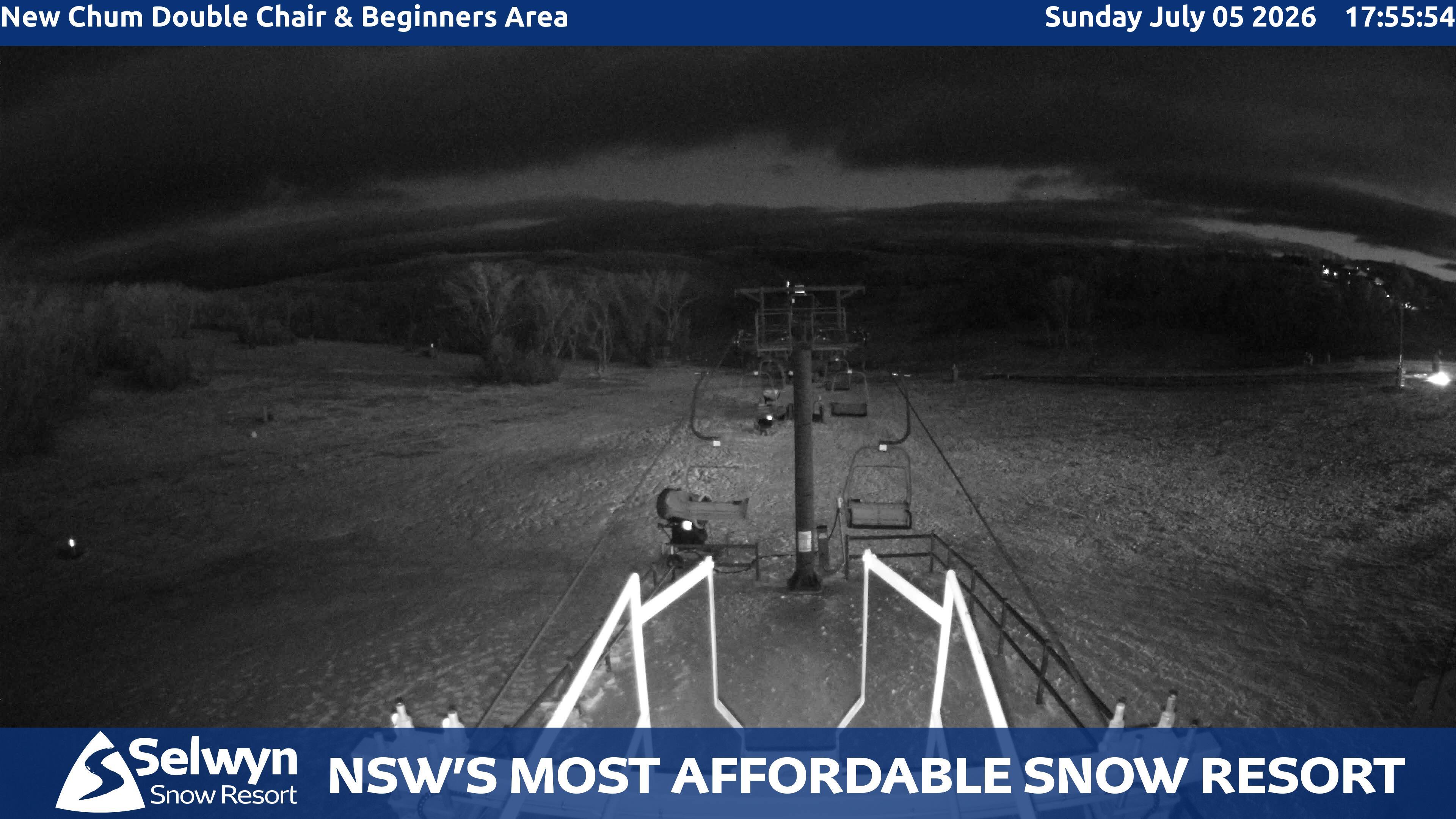Selwyn Snow Resort New Chum Double Chair and Beginners Area snow cam captured at 5 July 2026 at 6:02 pm AEST