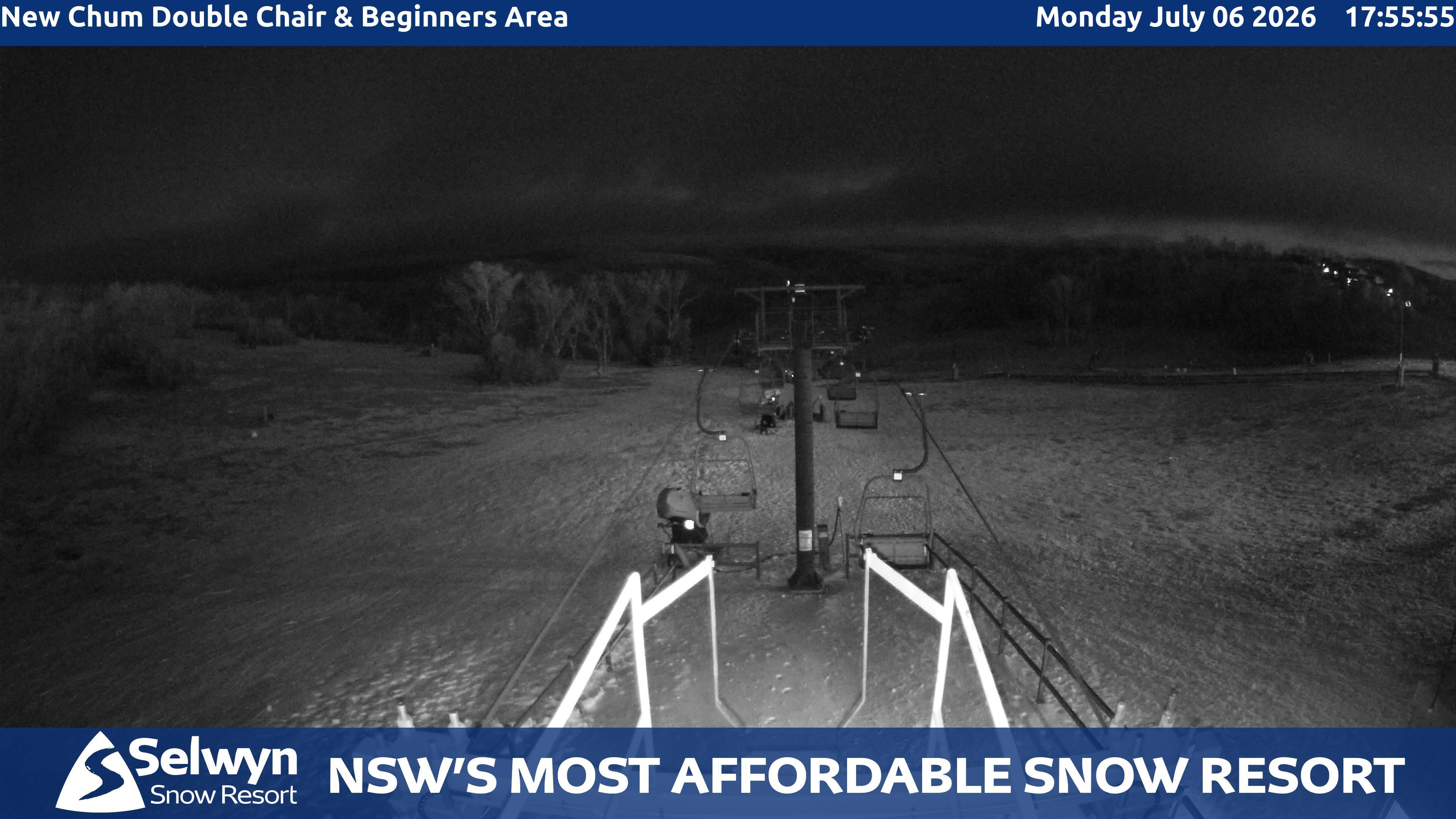 Selwyn Snow Resort New Chum Double Chair and Beginners Area snow cam captured at 6 July 2026 at 6:03 pm AEST