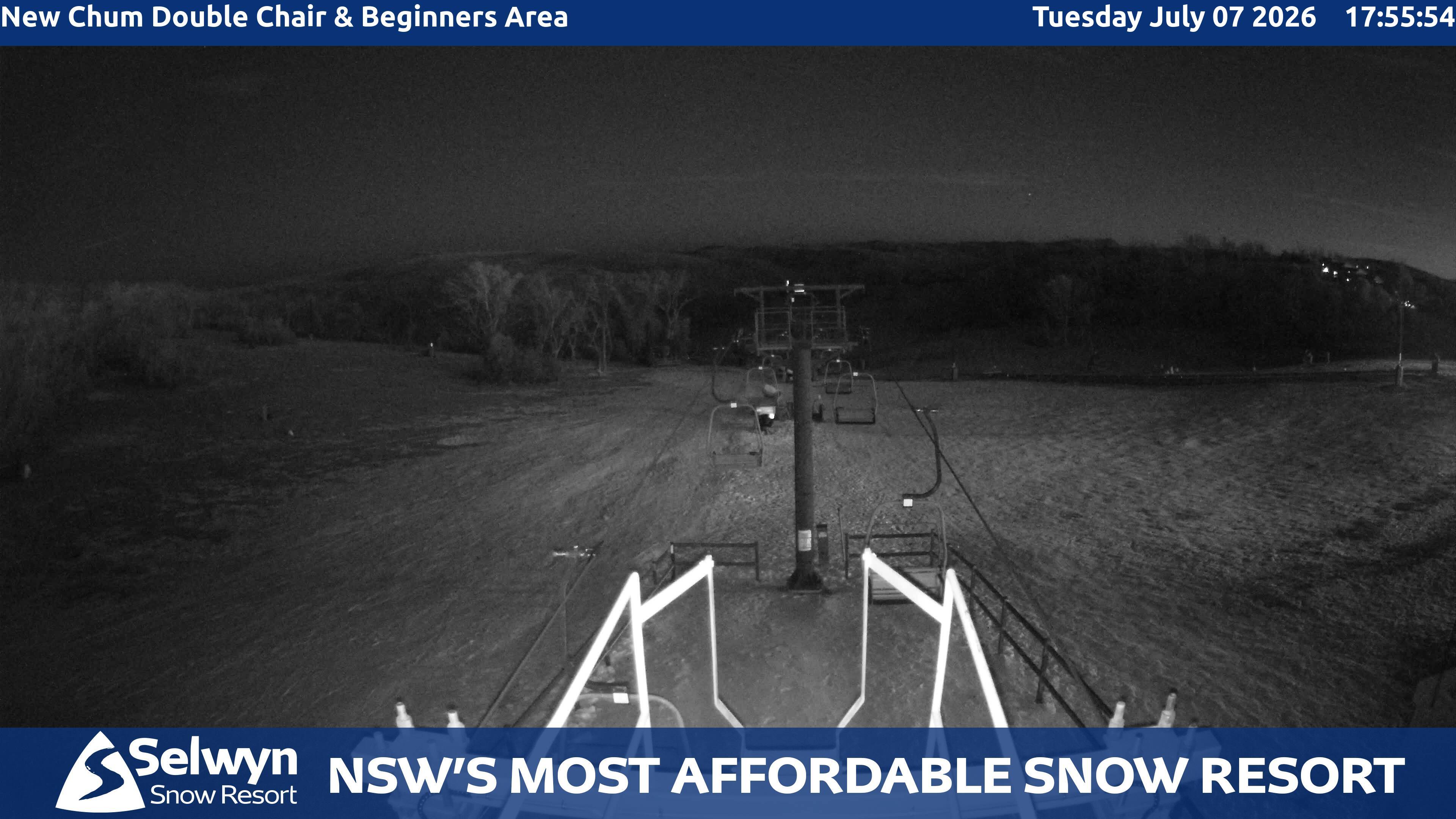 Selwyn Snow Resort New Chum Double Chair and Beginners Area snow cam captured at 7 July 2026 at 6:04 pm AEST