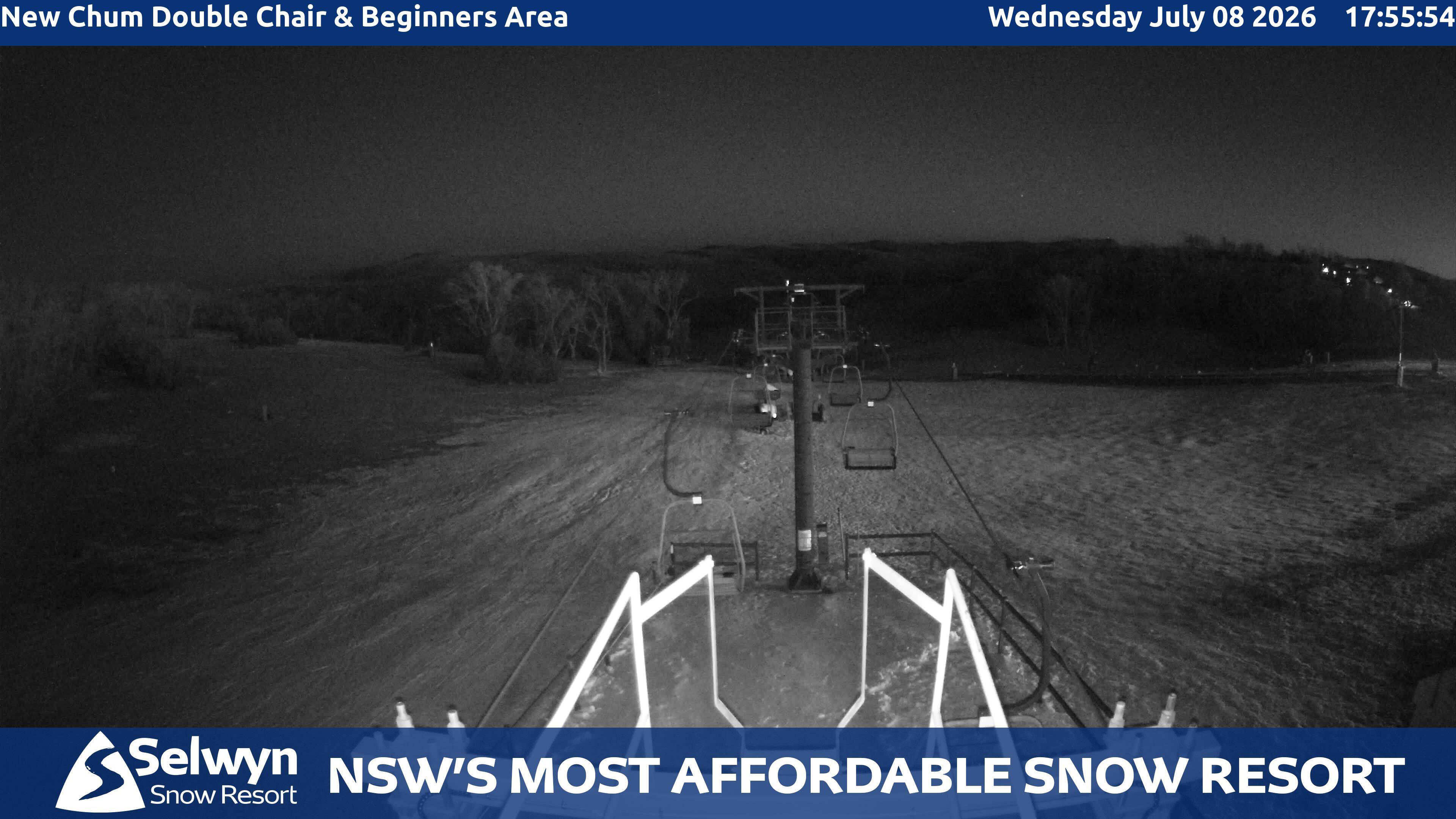 Selwyn Snow Resort New Chum Double Chair and Beginners Area snow cam captured at 8 July 2026 at 6:05 pm AEST