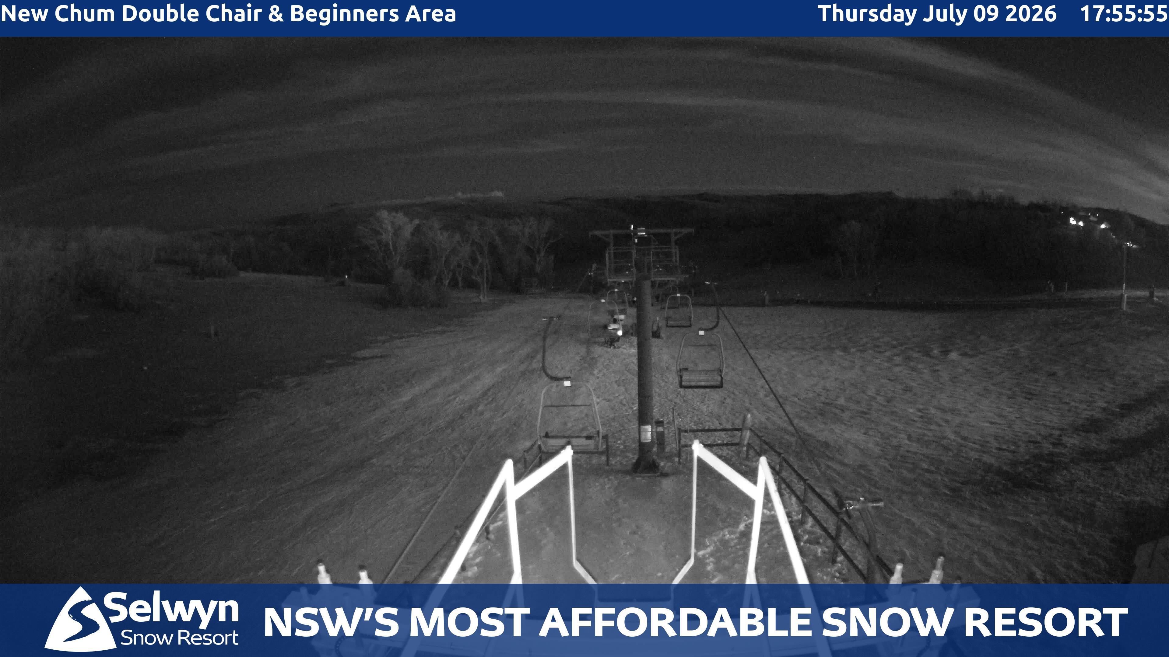 Selwyn Snow Resort New Chum Double Chair and Beginners Area snow cam captured at 9 July 2026 at 6:06 pm AEST