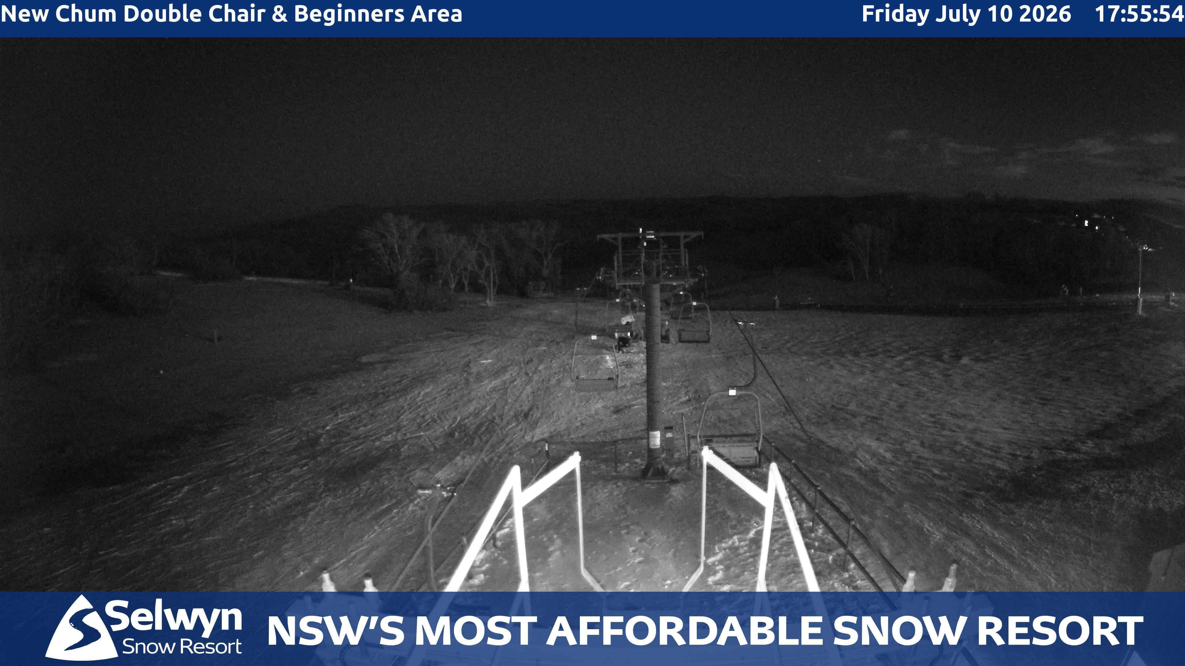 Selwyn Snow Resort New Chum Double Chair and Beginners Area snow cam captured at 10 July 2026 at 6:07 pm AEST
