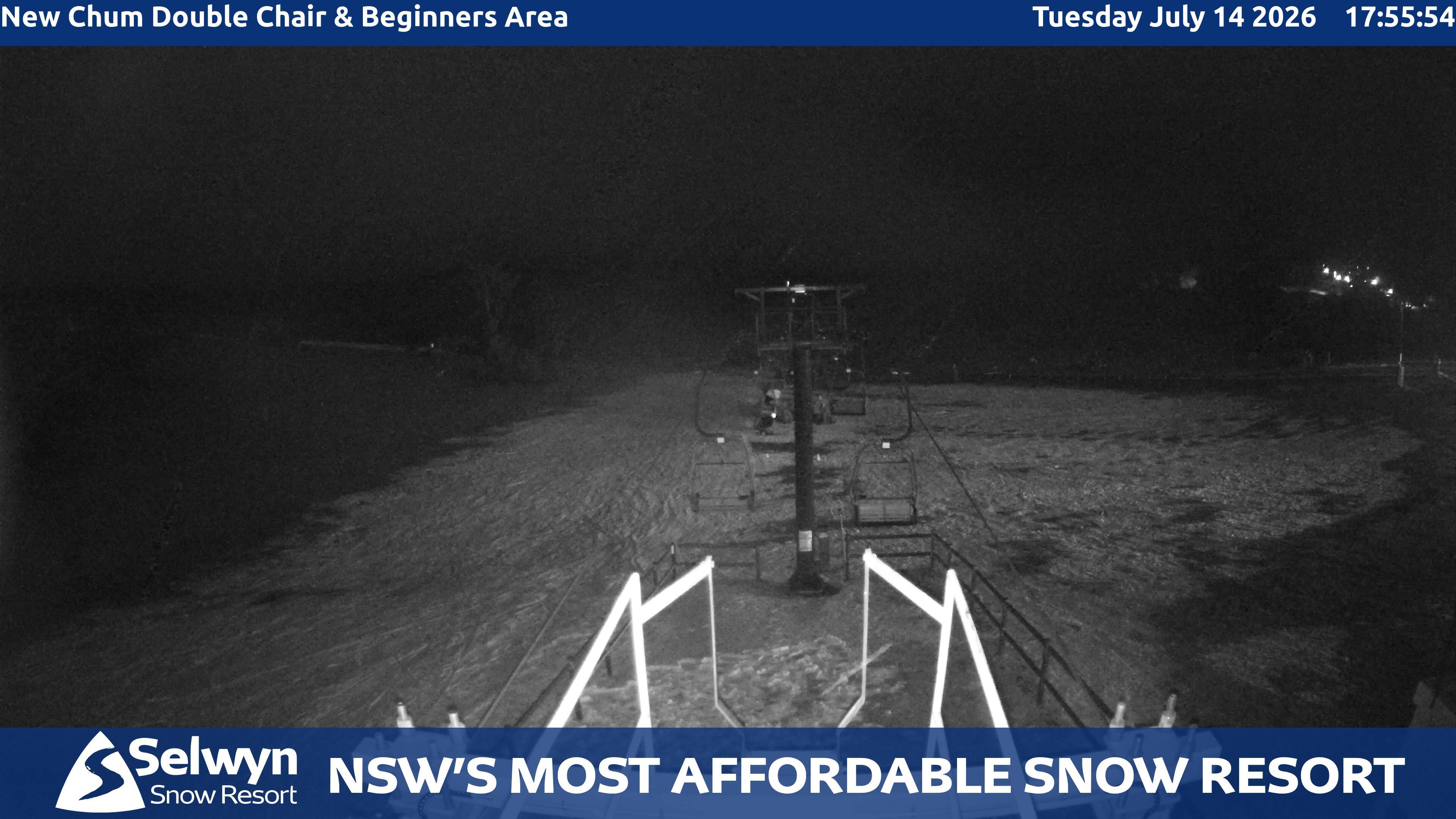 Selwyn Snow Resort New Chum Double Chair and Beginners Area snow cam captured at 14 July 2026 at 6:01 pm AEST