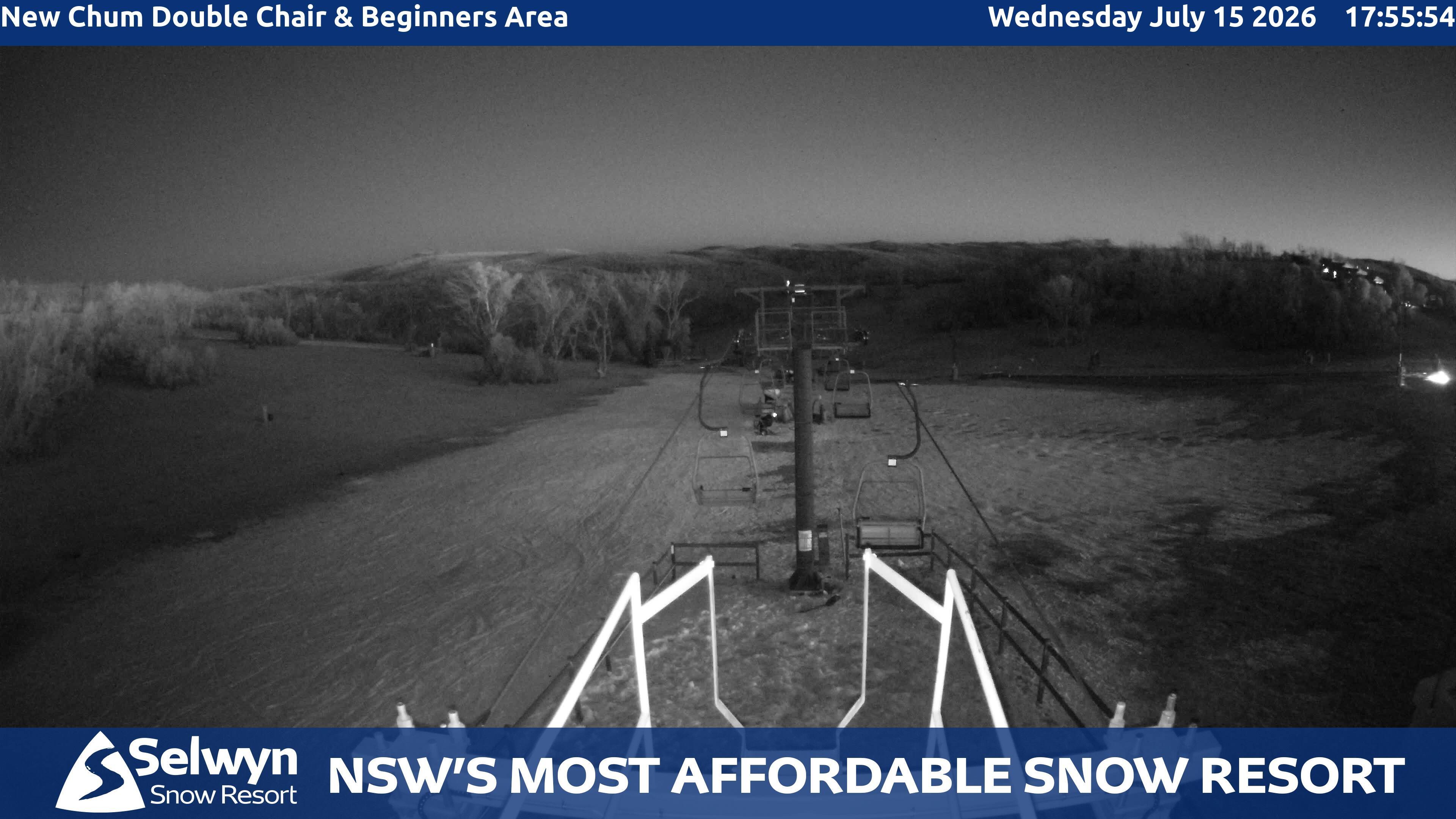 Selwyn Snow Resort New Chum Double Chair and Beginners Area snow cam captured at 15 July 2026 at 6:02 pm AEST