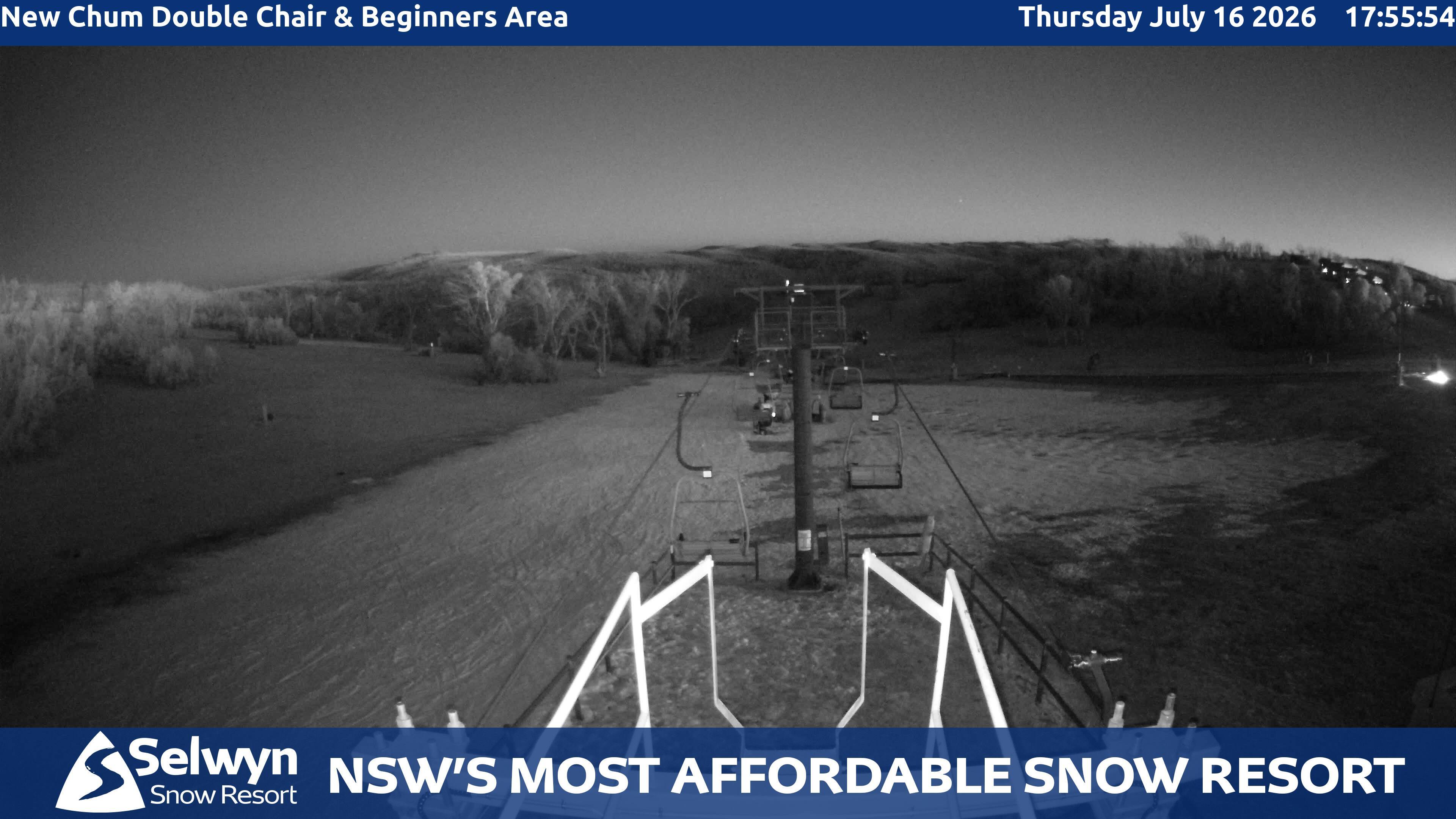 Selwyn Snow Resort New Chum Double Chair and Beginners Area snow cam captured at 16 July 2026 at 6:03 pm AEST