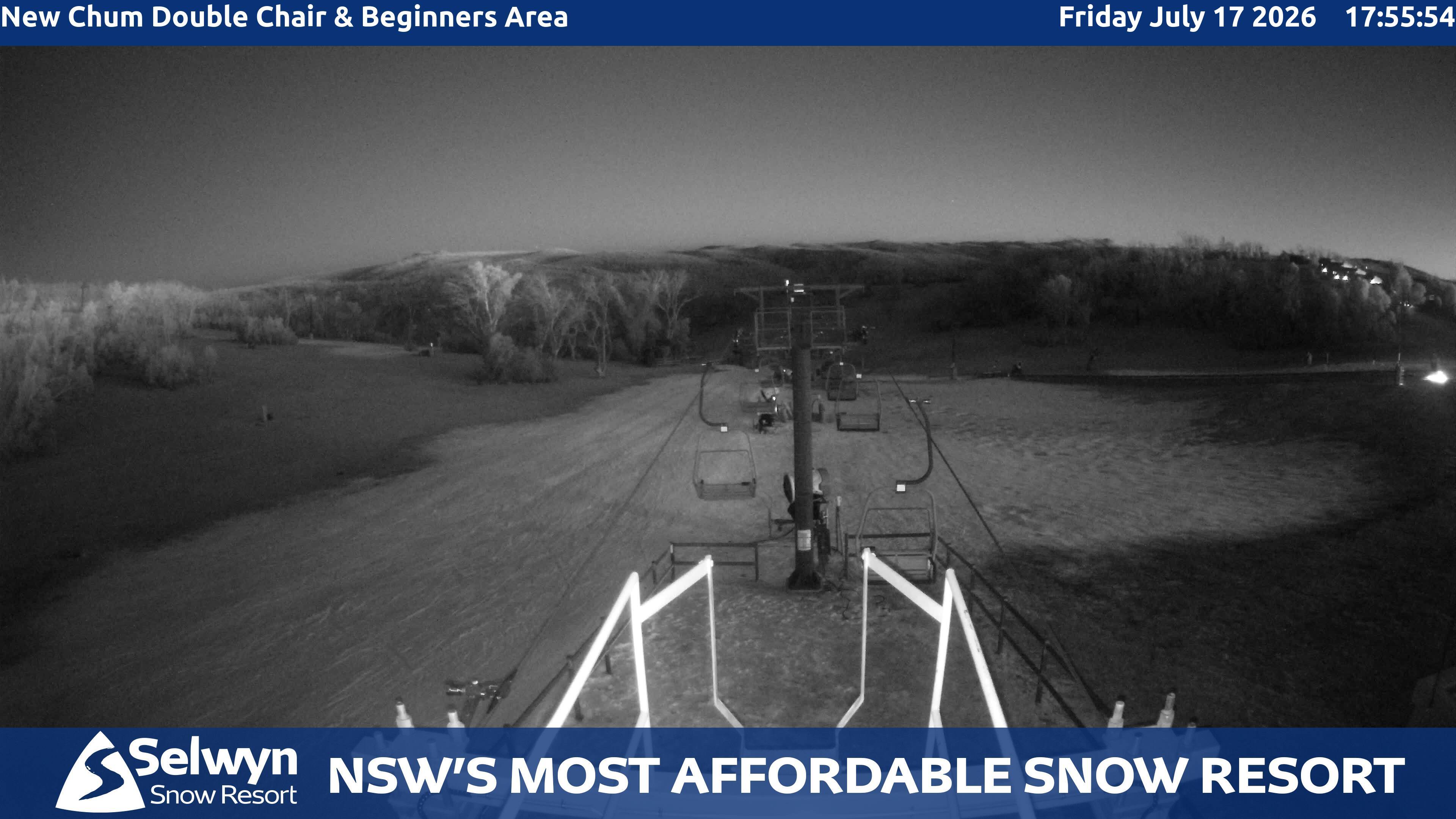 Selwyn Snow Resort New Chum Double Chair and Beginners Area snow cam captured at 17 July 2026 at 6:04 pm AEST