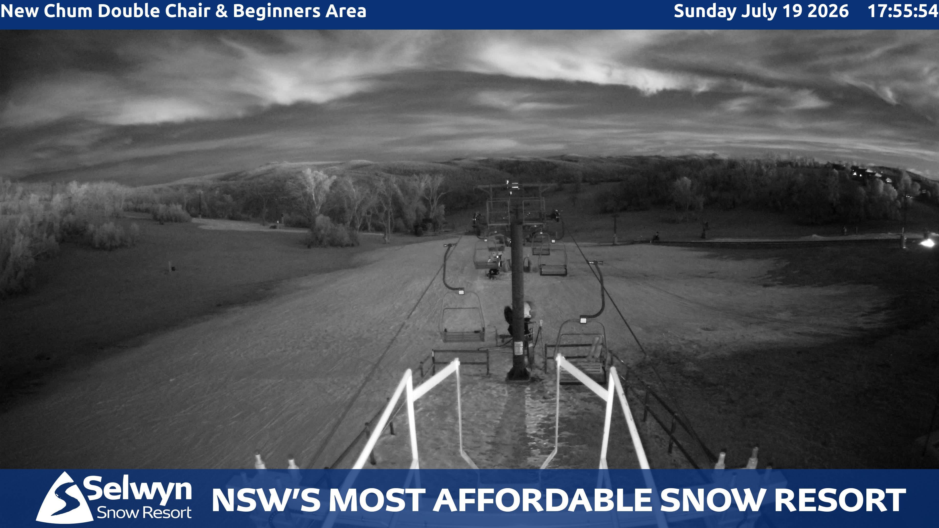 Selwyn Snow Resort New Chum Double Chair and Beginners Area snow cam captured at 19 July 2026 at 6:06 pm AEST