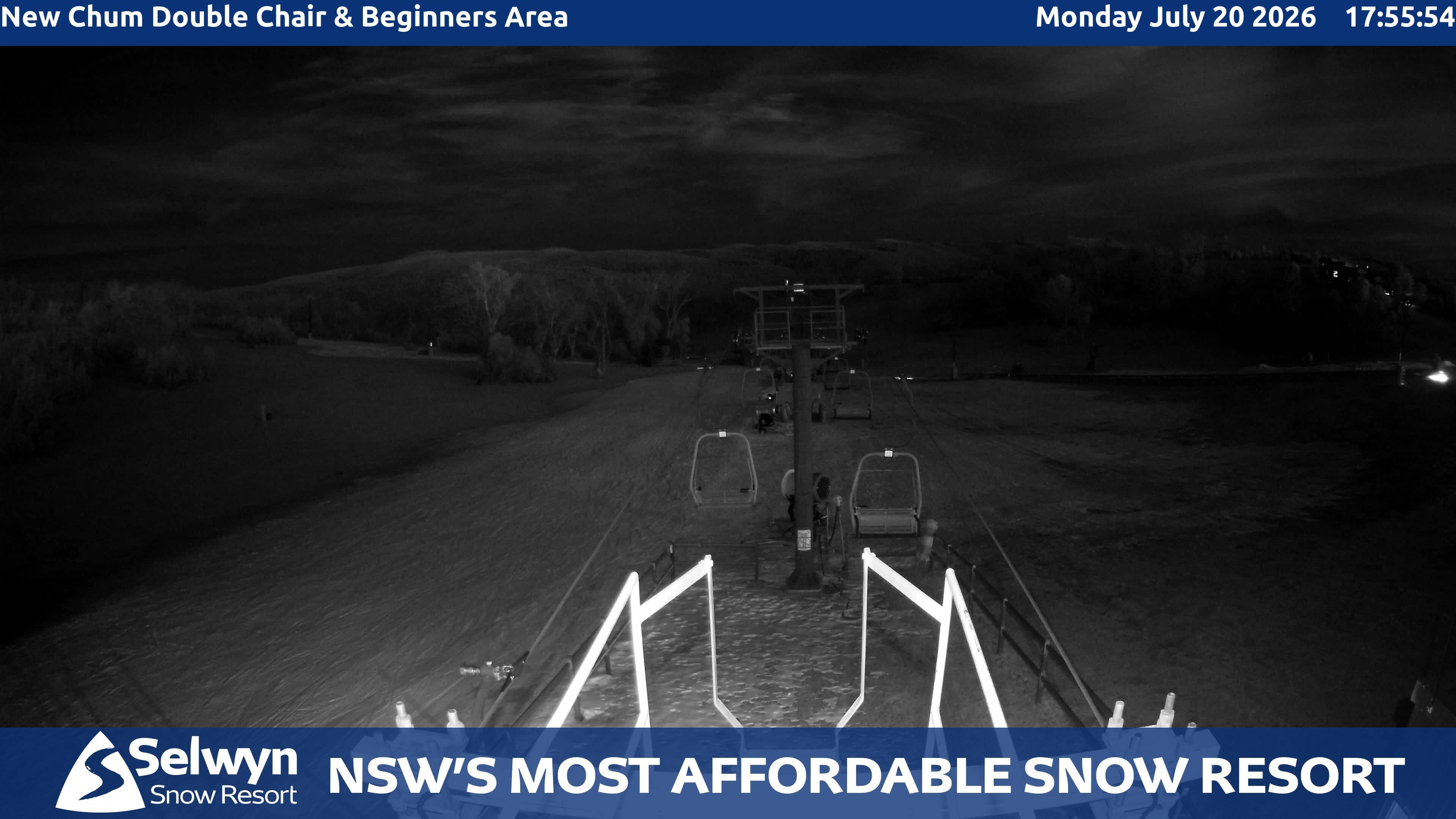 Selwyn Snow Resort New Chum Double Chair and Beginners Area snow cam captured at 20 July 2026 at 5:56 pm AEST