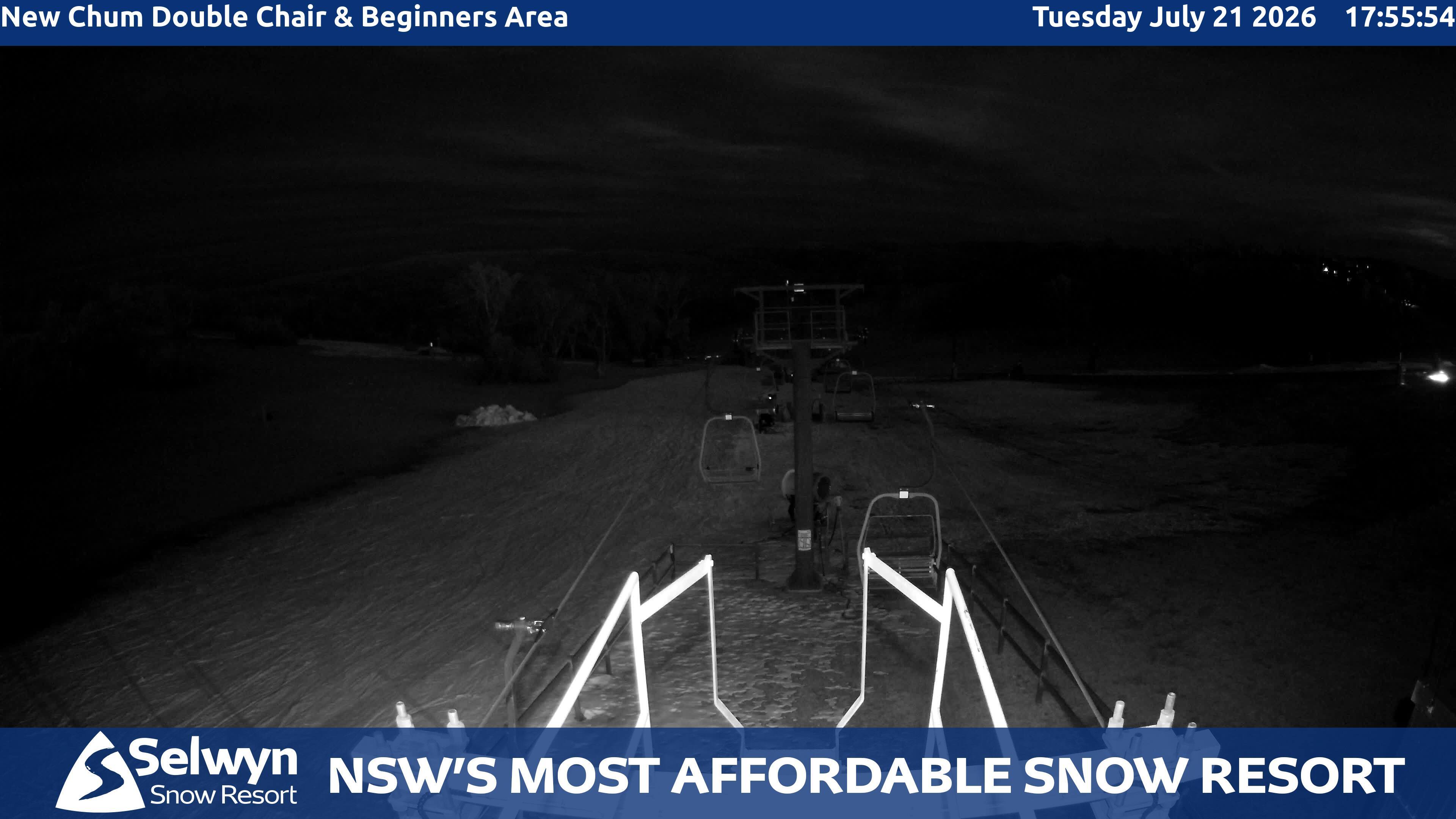 Selwyn Snow Resort New Chum Double Chair and Beginners Area snow cam captured at 21 July 2026 at 5:59 pm AEST