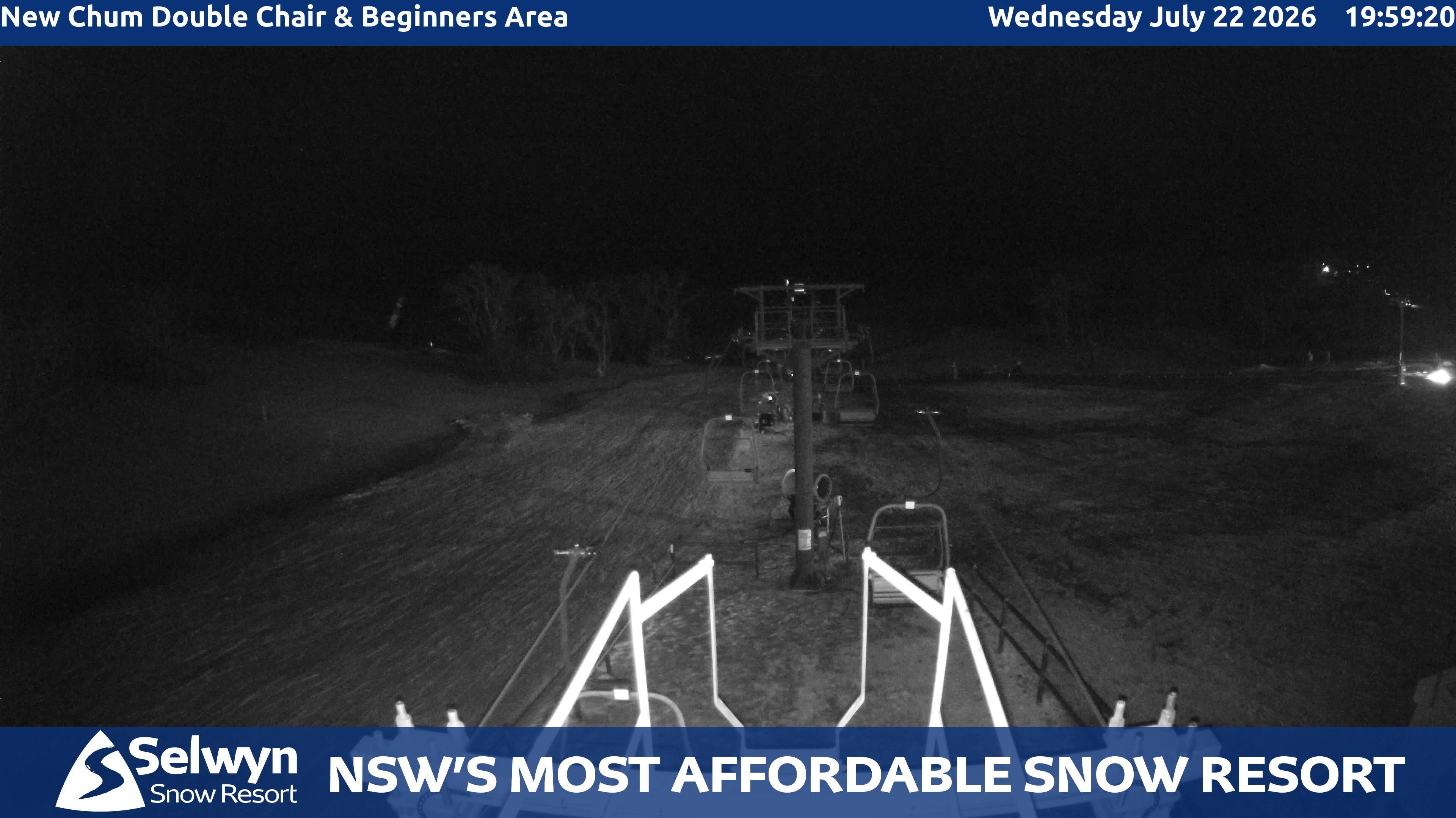 Selwyn Snow Resort New Chum Double Chair and Beginners Area snow cam captured at 22 July 2026 at 8:02 pm AEST