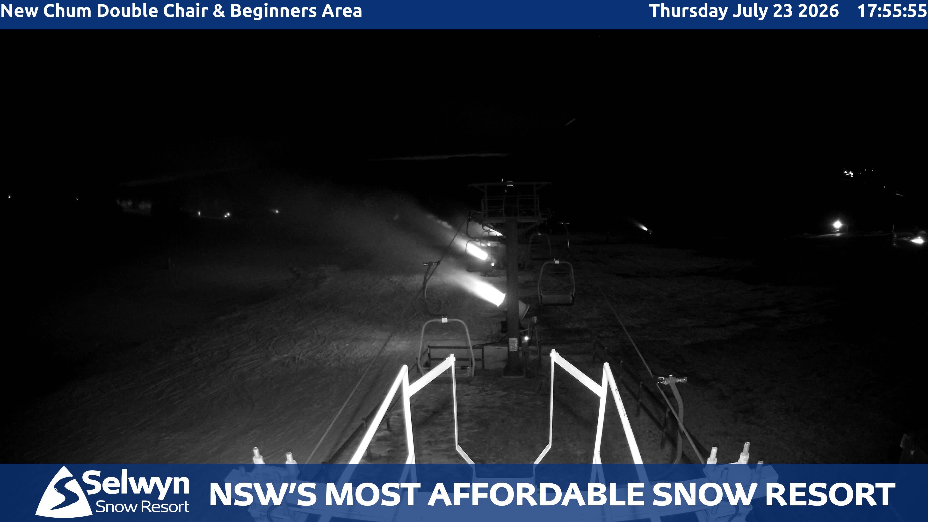 Selwyn Snow Resort New Chum Double Chair and Beginners Area snow cam captured at 23 July 2026 at 6:02 pm AEST
