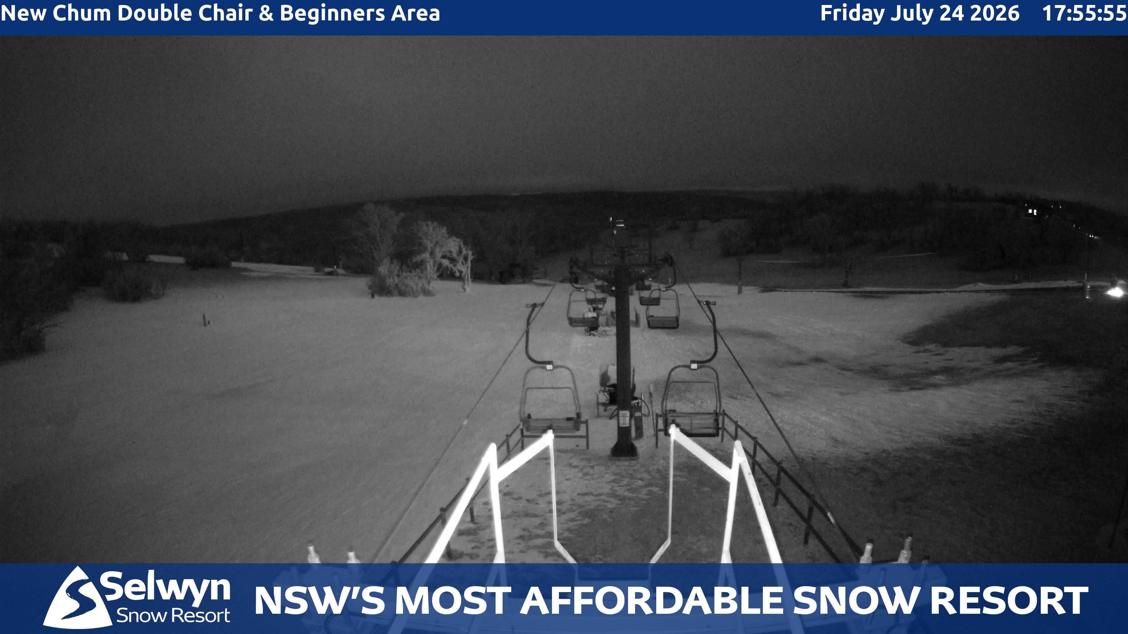 Selwyn Snow Resort New Chum Double Chair and Beginners Area snow cam captured at 24 July 2026 at 6:04 pm AEST