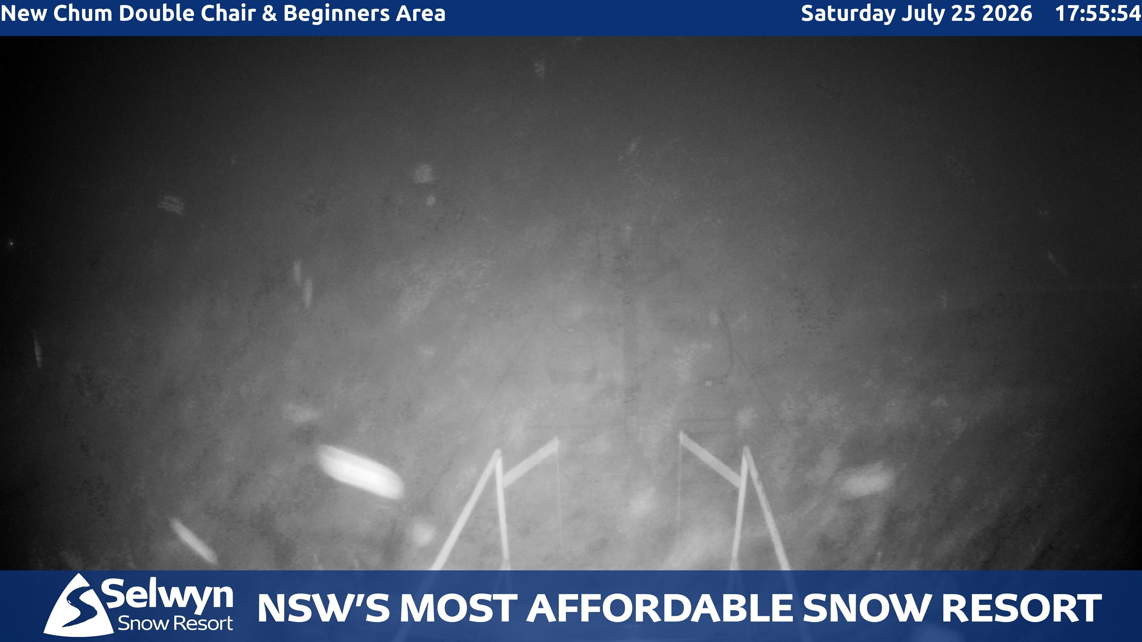 Selwyn Snow Resort New Chum Double Chair and Beginners Area snow cam captured at 25 July 2026 at 6:05 pm AEST