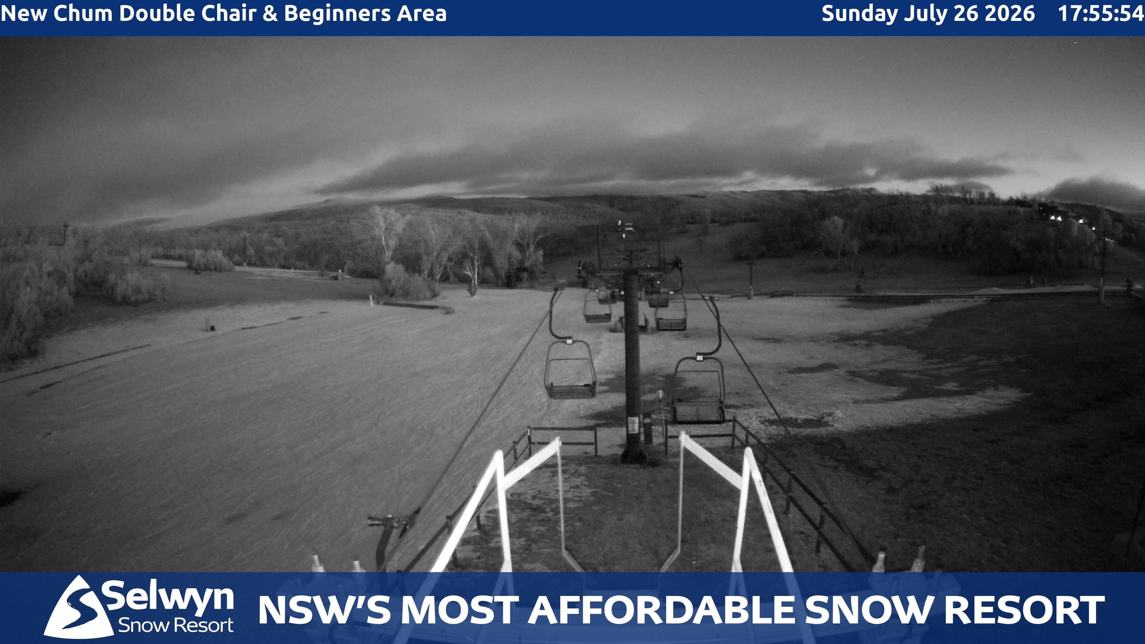 Selwyn Snow Resort New Chum Double Chair and Beginners Area snow cam captured at 26 July 2026 at 6:06 pm AEST
