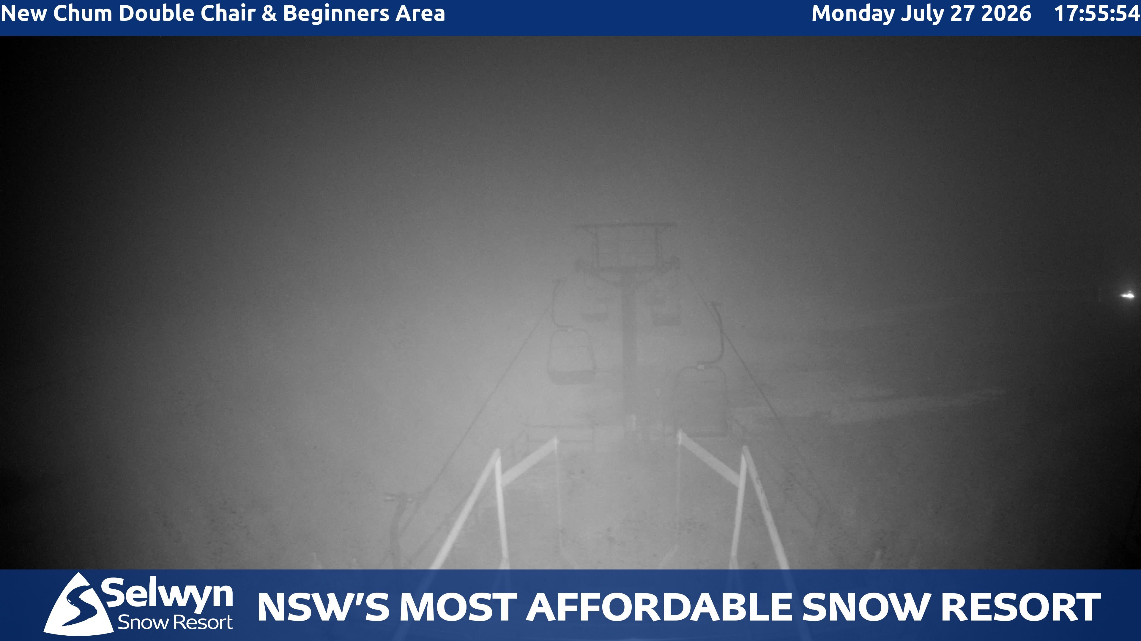 Selwyn Snow Resort New Chum Double Chair and Beginners Area snow cam captured at 27 July 2026 at 5:56 pm AEST
