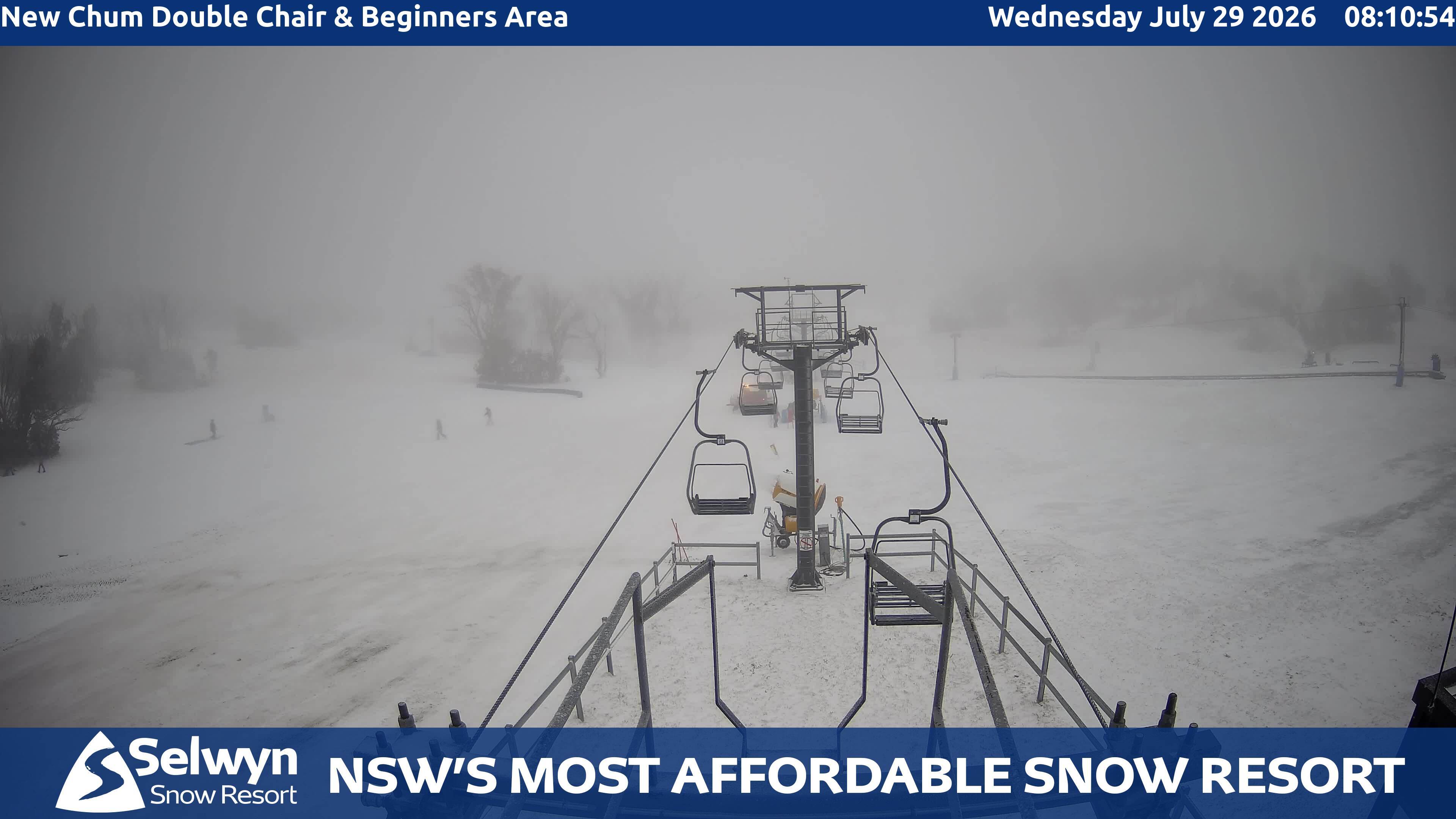 Selwyn Snow Resort New Chum Double Chair and Beginners Area snow cam captured at 29 July 2026 at 8:15 am AEST