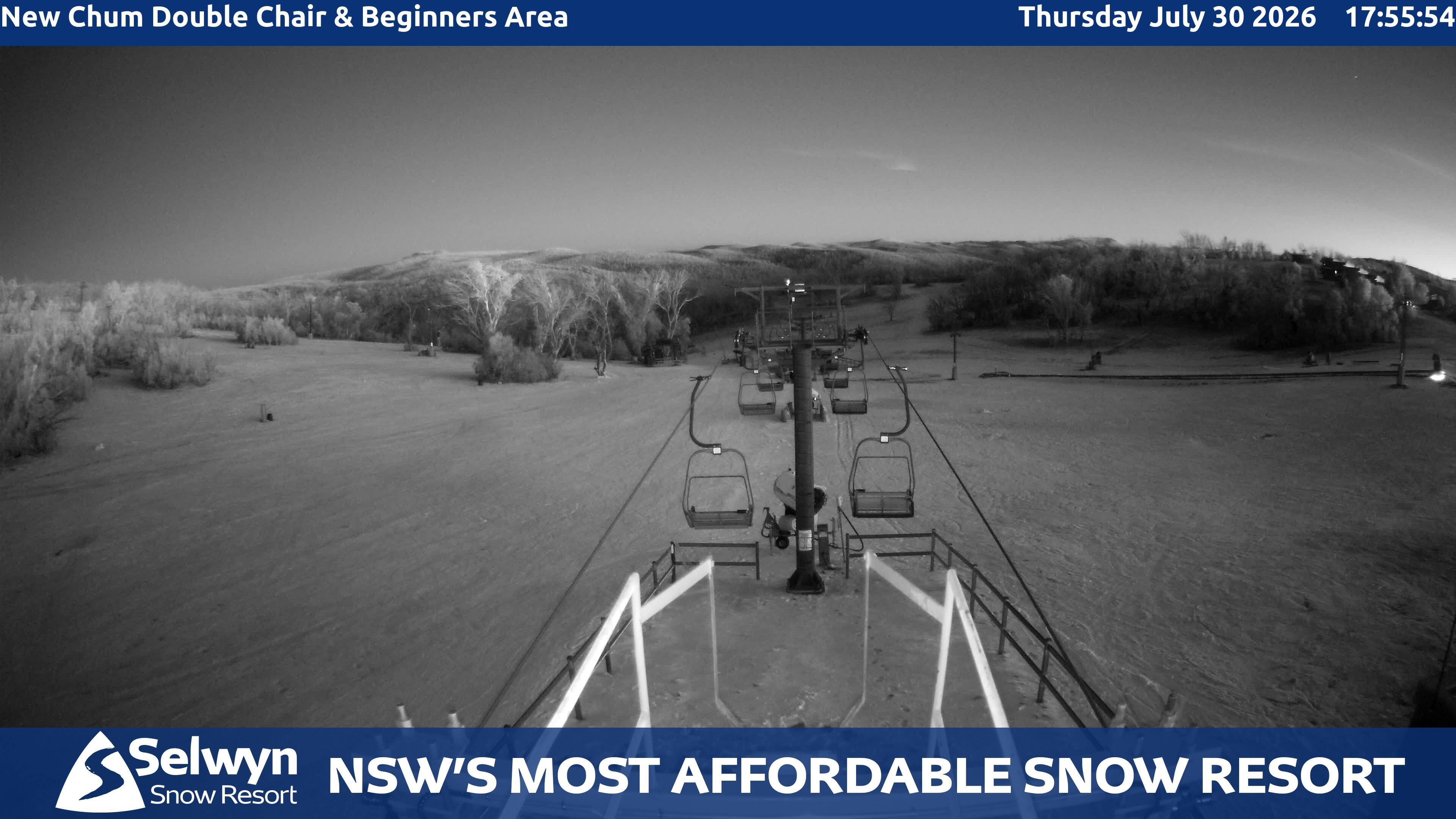 Selwyn Snow Resort New Chum Double Chair and Beginners Area snow cam captured at 30 July 2026 at 5:58 pm AEST