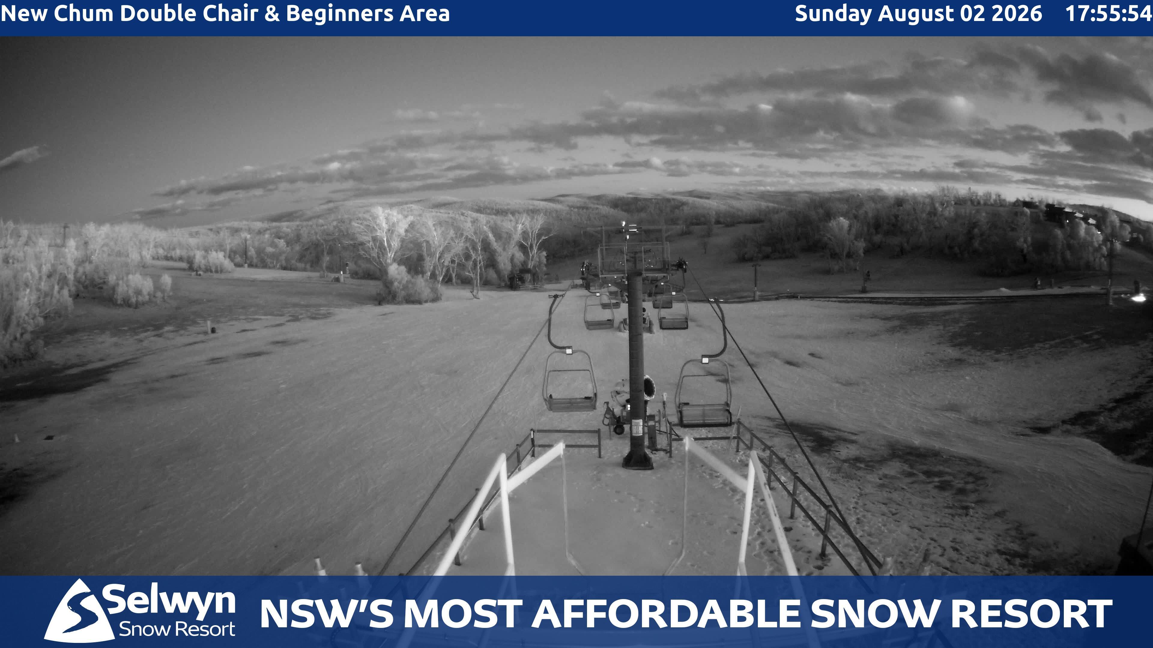 Selwyn Snow Resort New Chum Double Chair and Beginners Area snow cam captured at 2 August 2026 at 6:03 pm AEST