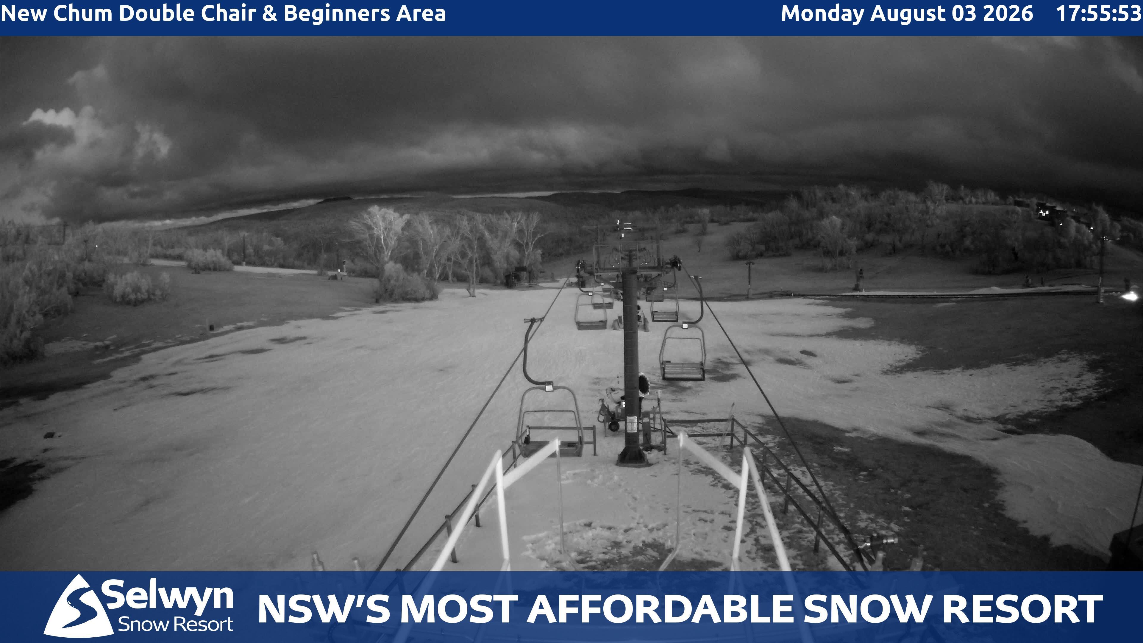 Selwyn Snow Resort New Chum Double Chair and Beginners Area snow cam captured at 3 August 2026 at 6:04 pm AEST