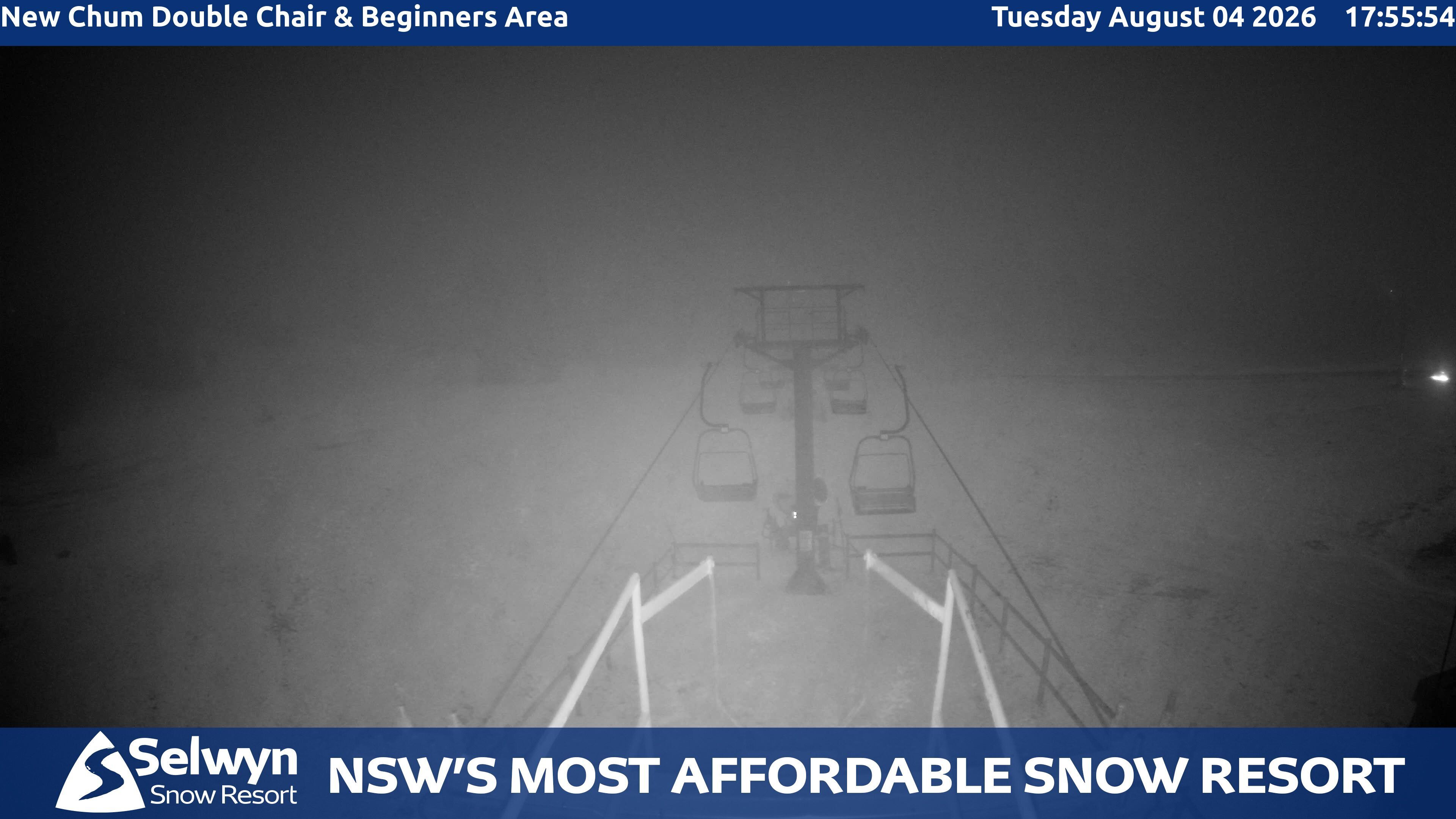 Selwyn Snow Resort New Chum Double Chair and Beginners Area snow cam captured at 4 August 2026 at 6:05 pm AEST