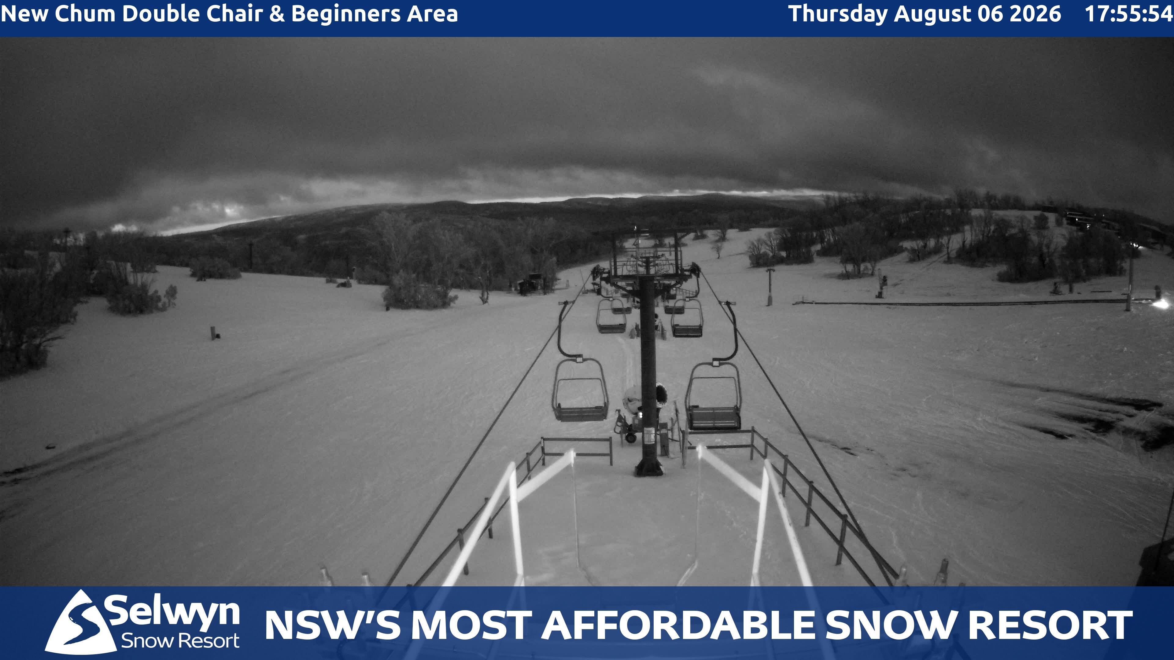 Selwyn Snow Resort New Chum Double Chair and Beginners Area snow cam captured at 6 August 2026 at 5:57 pm AEST