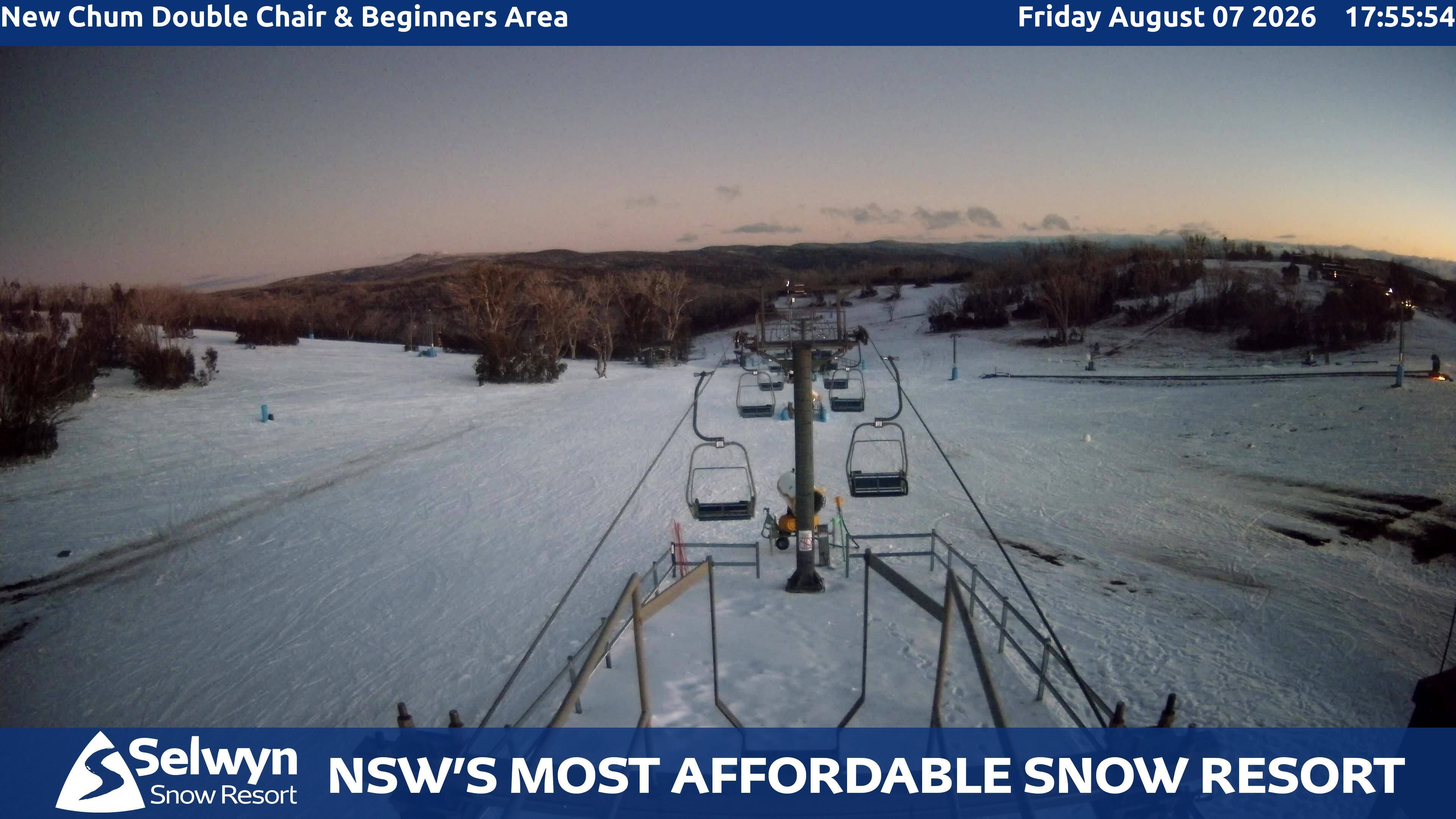 Selwyn Snow Resort New Chum Double Chair and Beginners Area snow cam captured at 7 August 2026 at 5:58 pm AEST