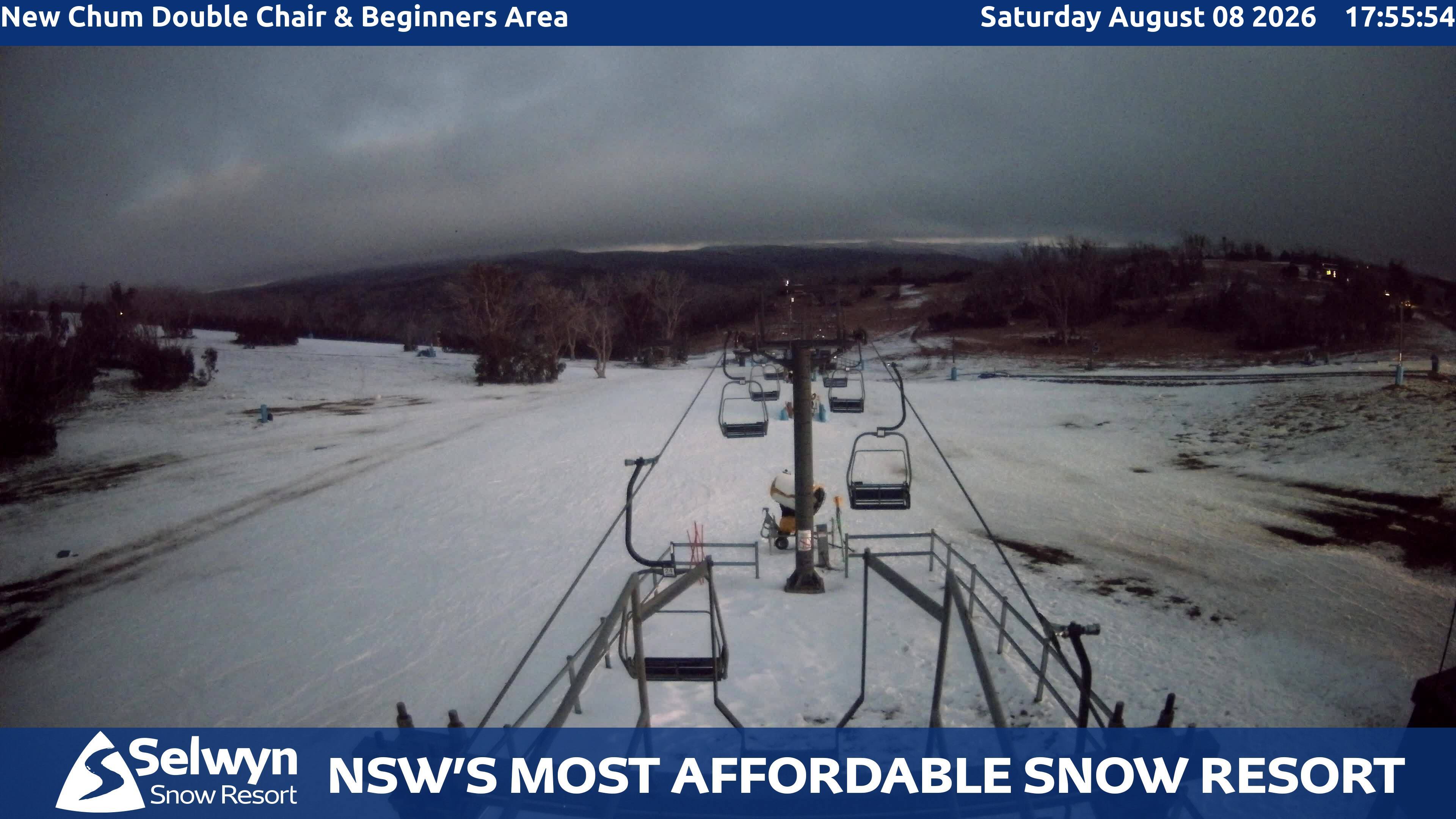 Selwyn Snow Resort New Chum Double Chair and Beginners Area snow cam captured at 8 August 2026 at 5:59 pm AEST