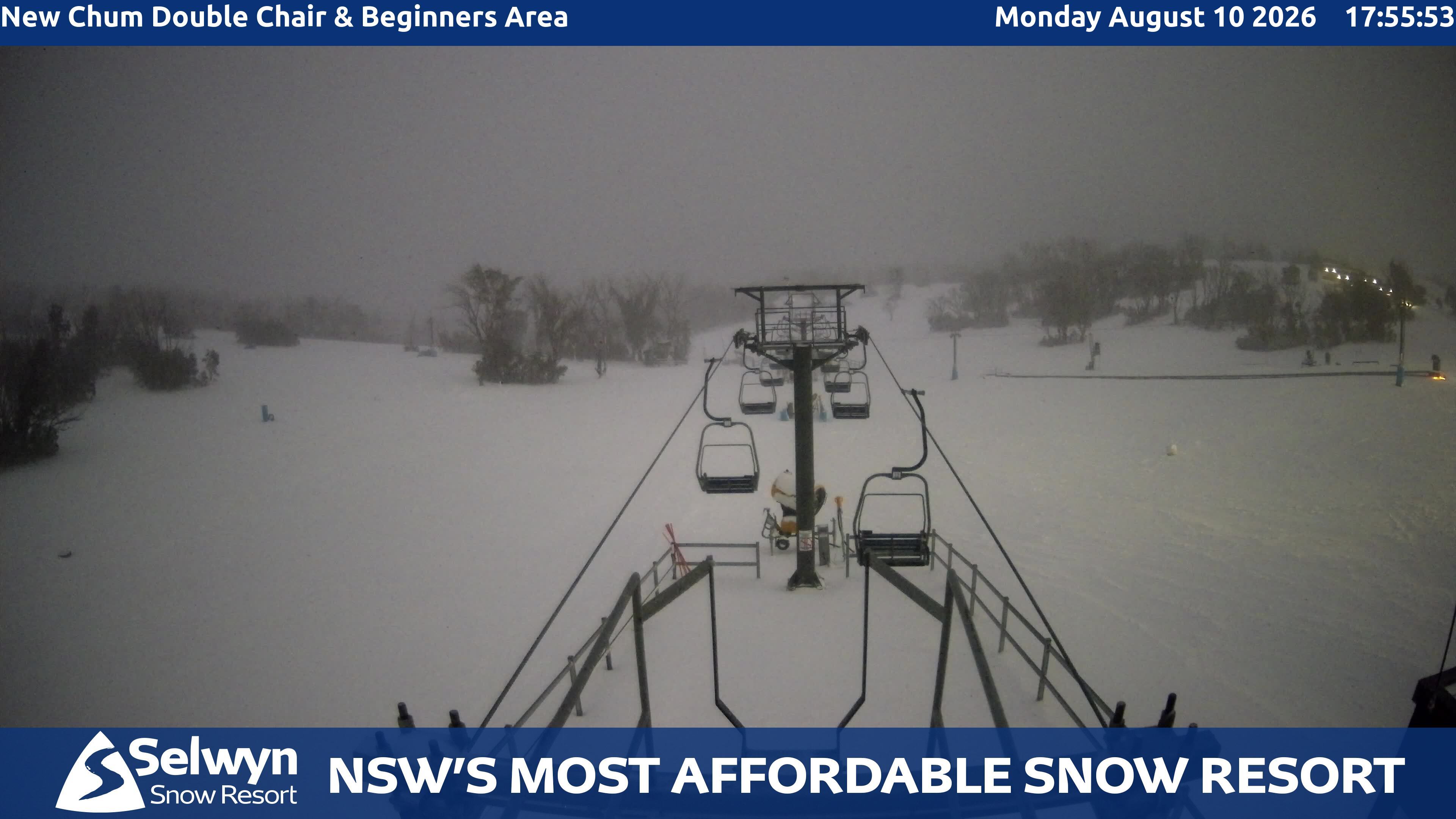 Selwyn Snow Resort New Chum Double Chair and Beginners Area snow cam captured at 10 August 2026 at 6:00 pm AEST