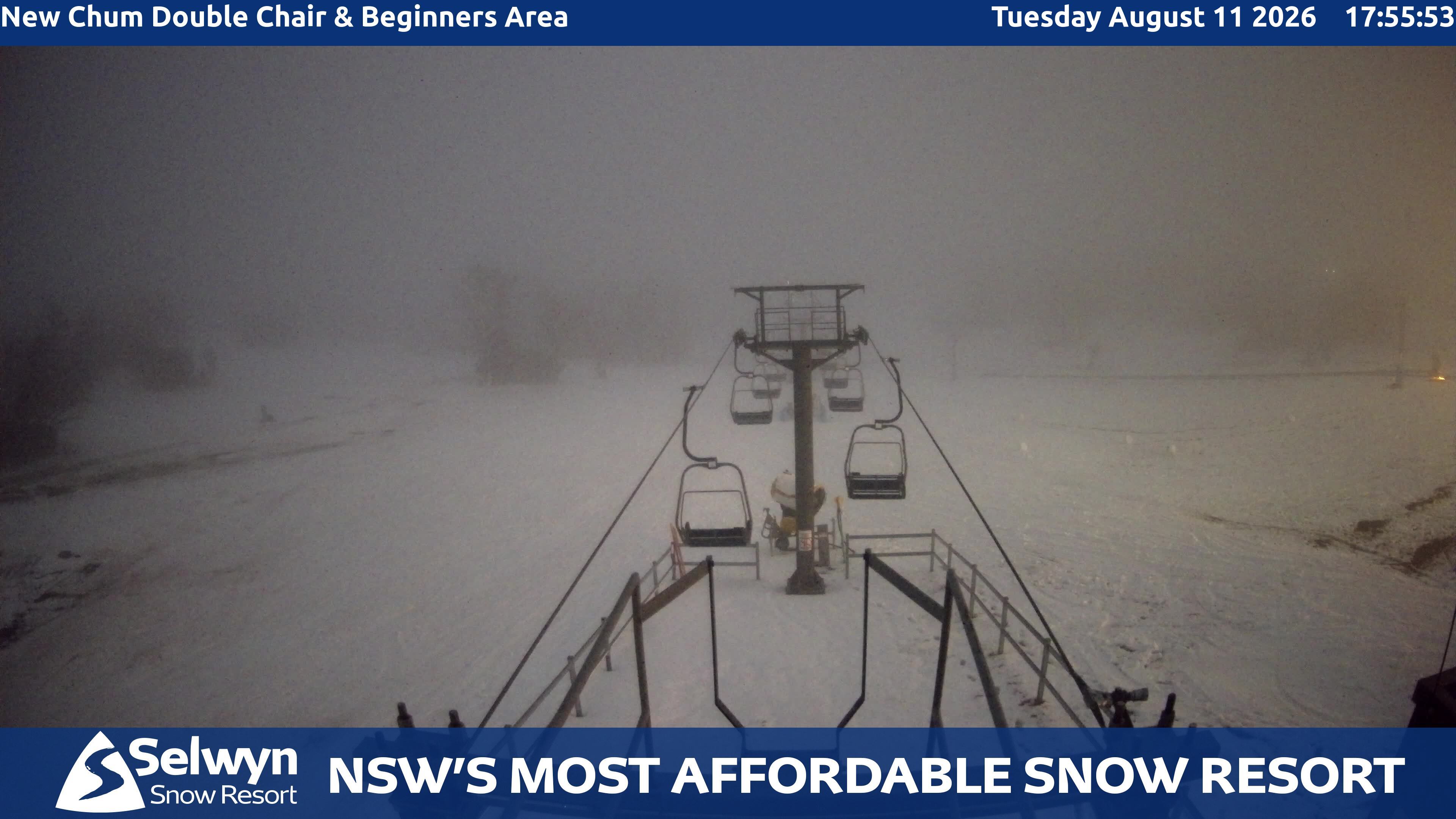 Selwyn Snow Resort New Chum Double Chair and Beginners Area snow cam captured at 11 August 2026 at 6:01 pm AEST