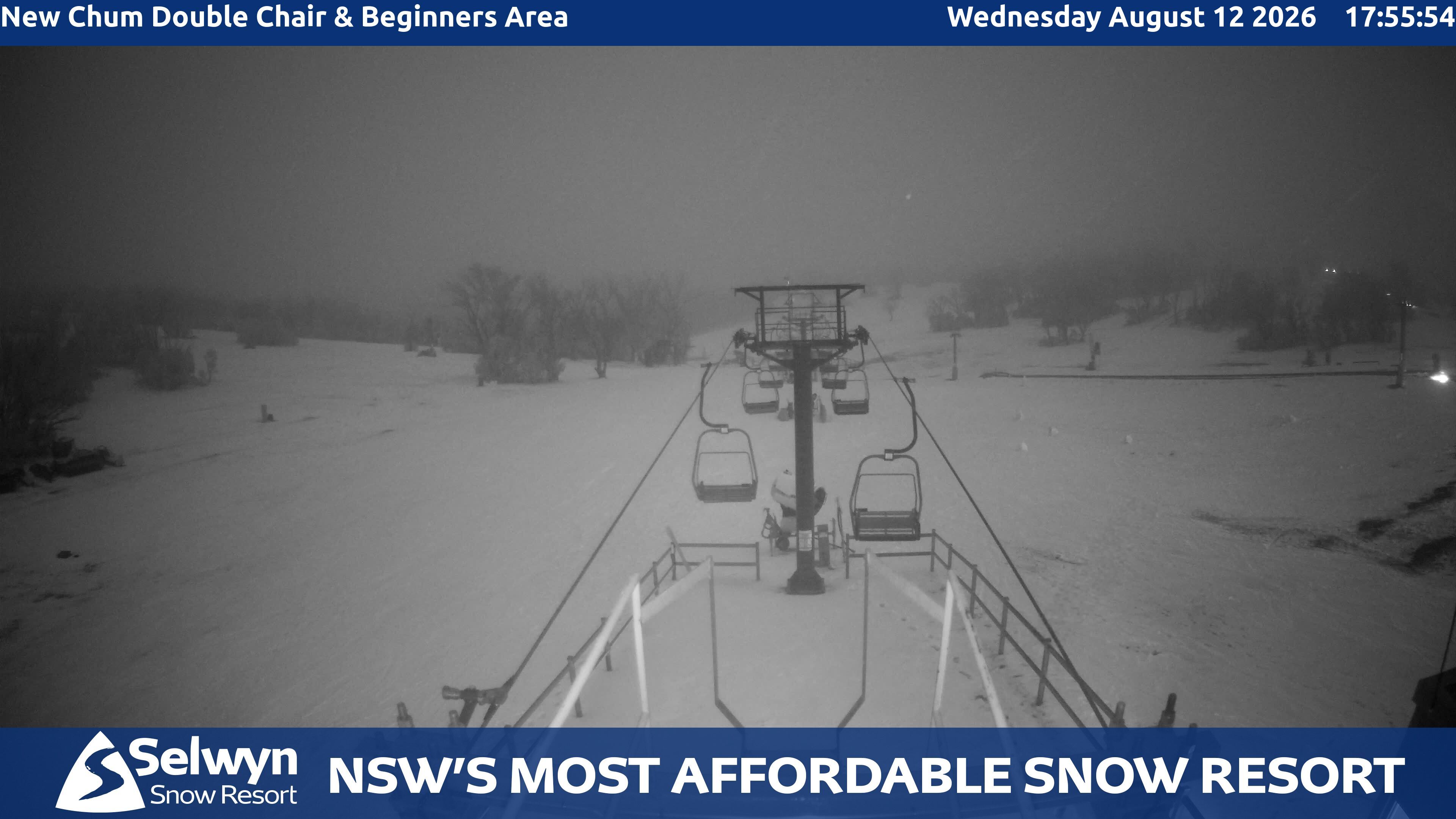 Selwyn Snow Resort New Chum Double Chair and Beginners Area snow cam captured at 12 August 2026 at 6:01 pm AEST