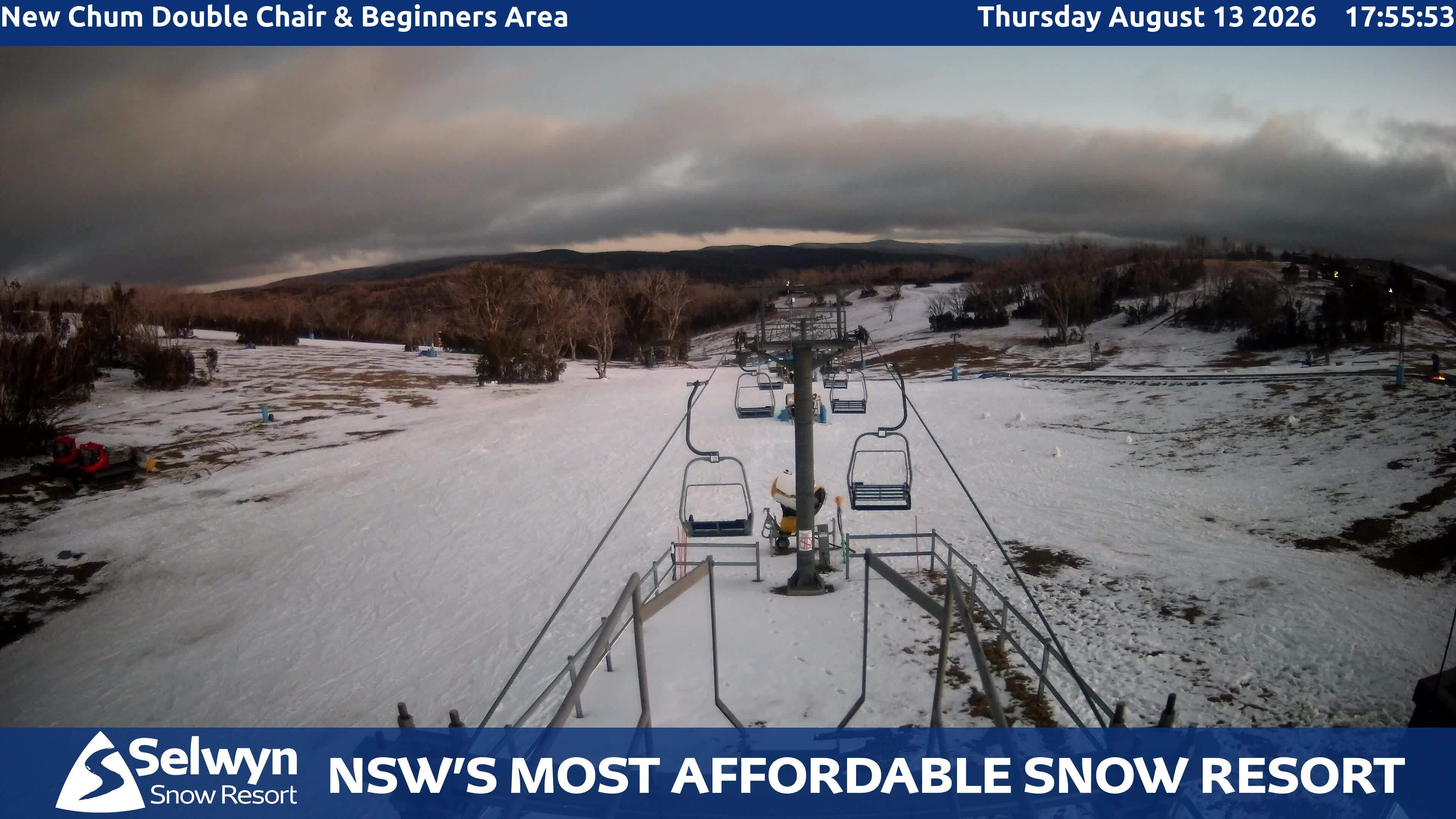 Selwyn Snow Resort New Chum Double Chair and Beginners Area snow cam captured at 13 August 2026 at 6:02 pm AEST