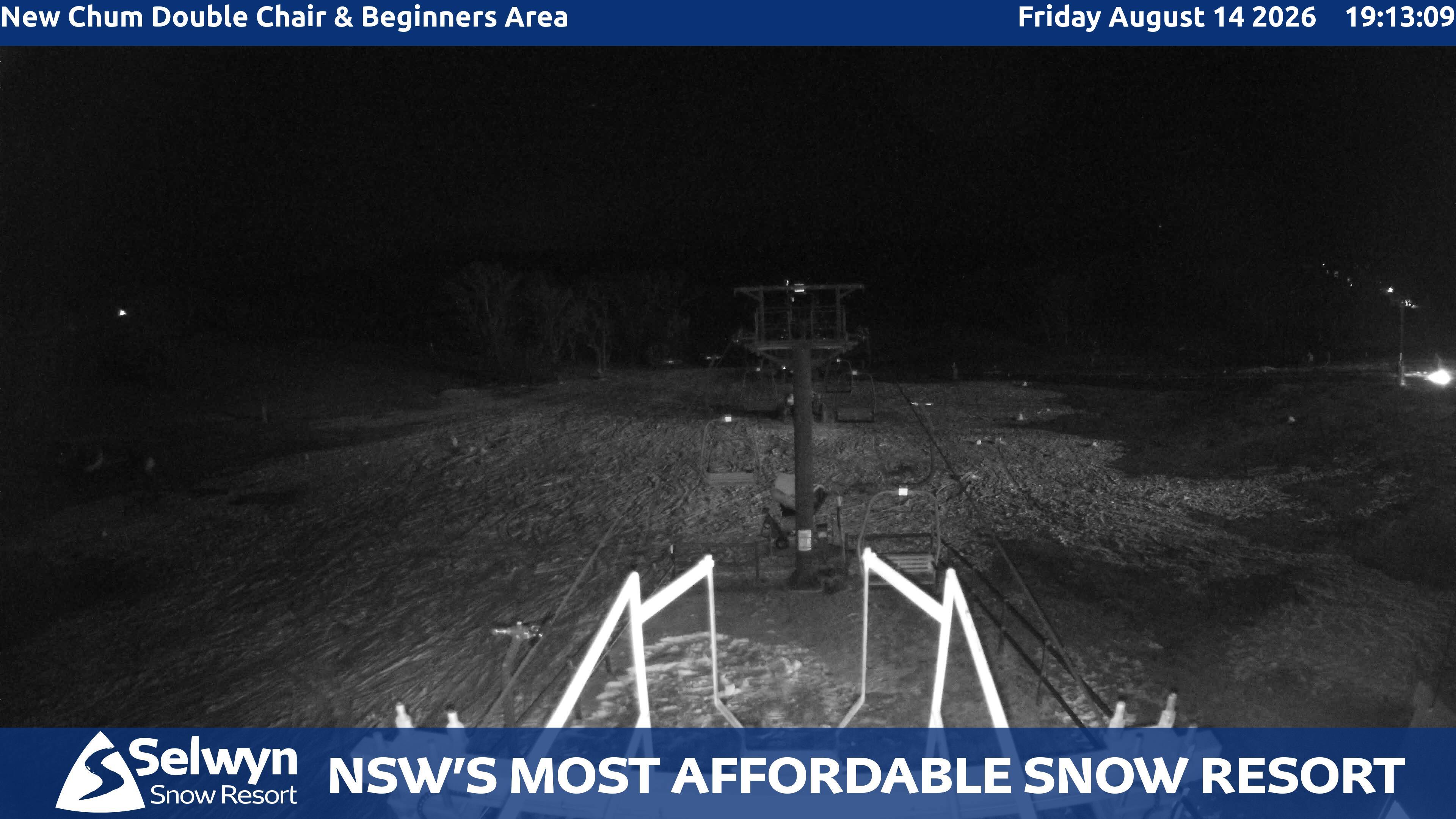 Selwyn Snow Resort New Chum Double Chair and Beginners Area snow cam captured at 14 August 2026 at 7:21 pm AEST