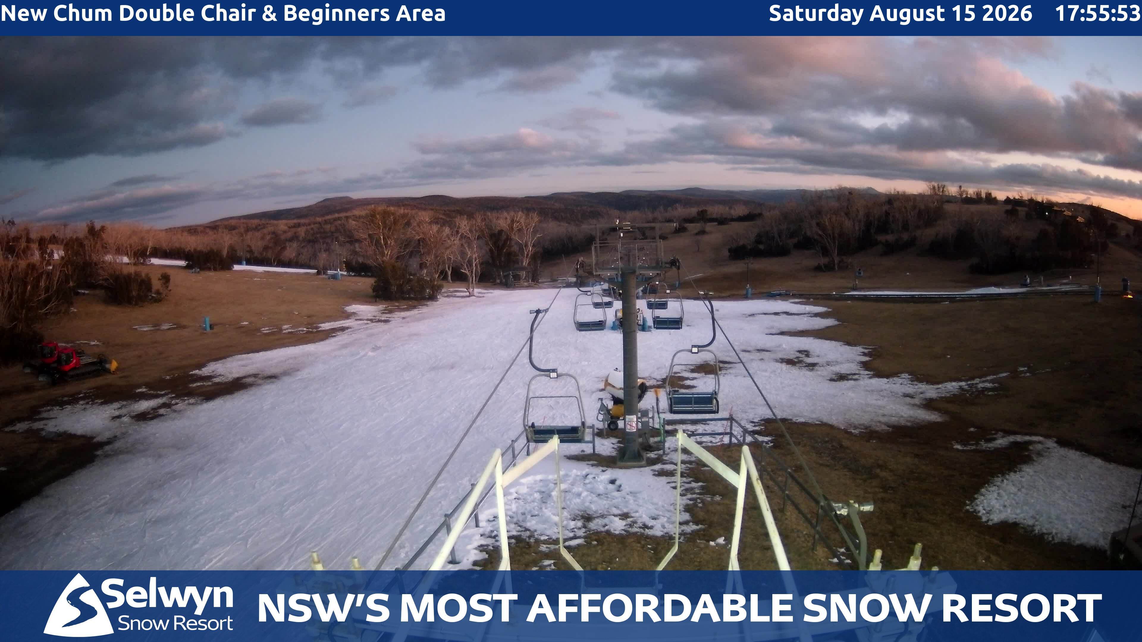 Selwyn Snow Resort New Chum Double Chair and Beginners Area snow cam captured at 15 August 2026 at 6:06 pm AEST