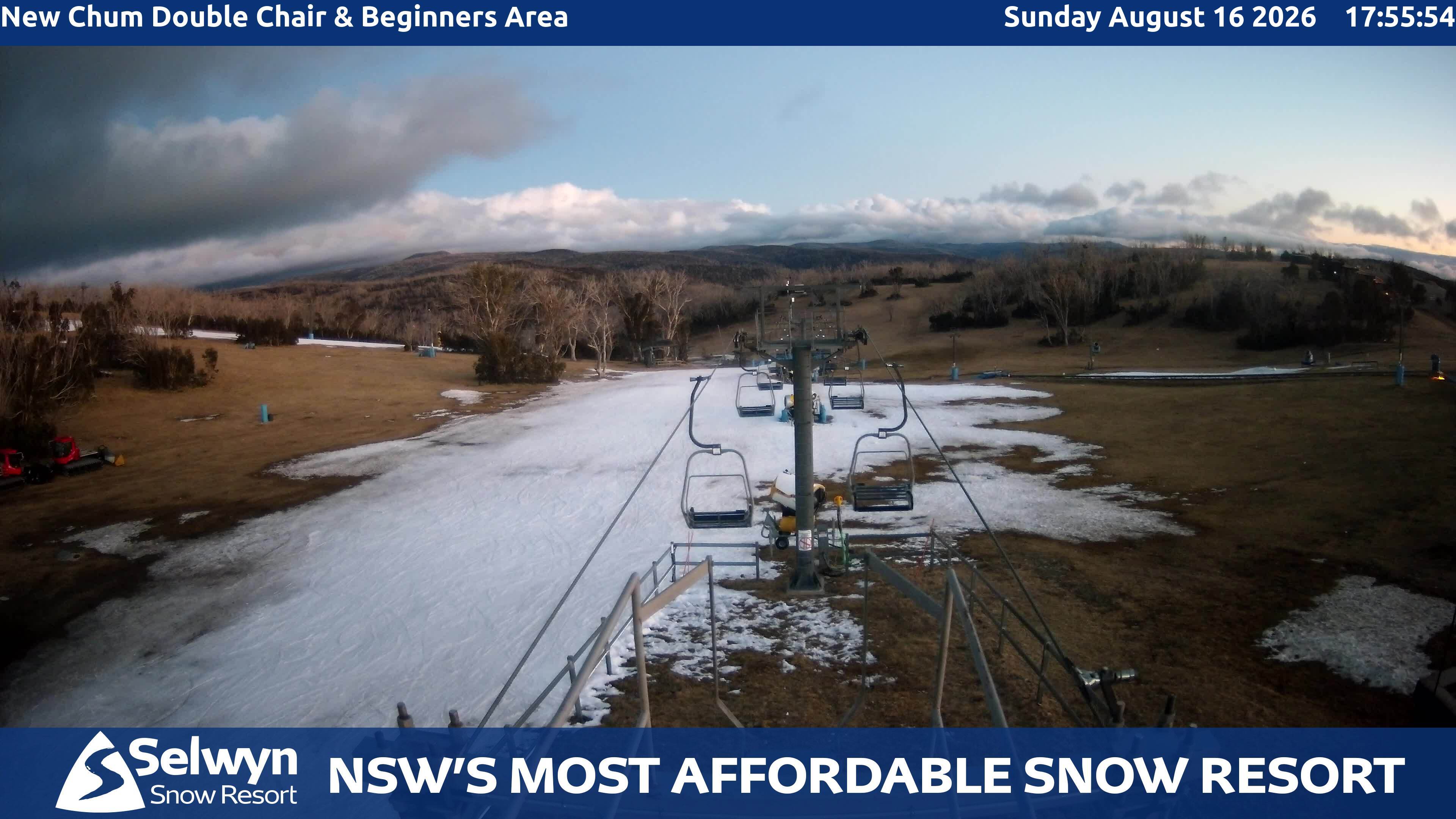 Selwyn Snow Resort New Chum Double Chair and Beginners Area snow cam captured at 16 August 2026 at 5:57 pm AEST