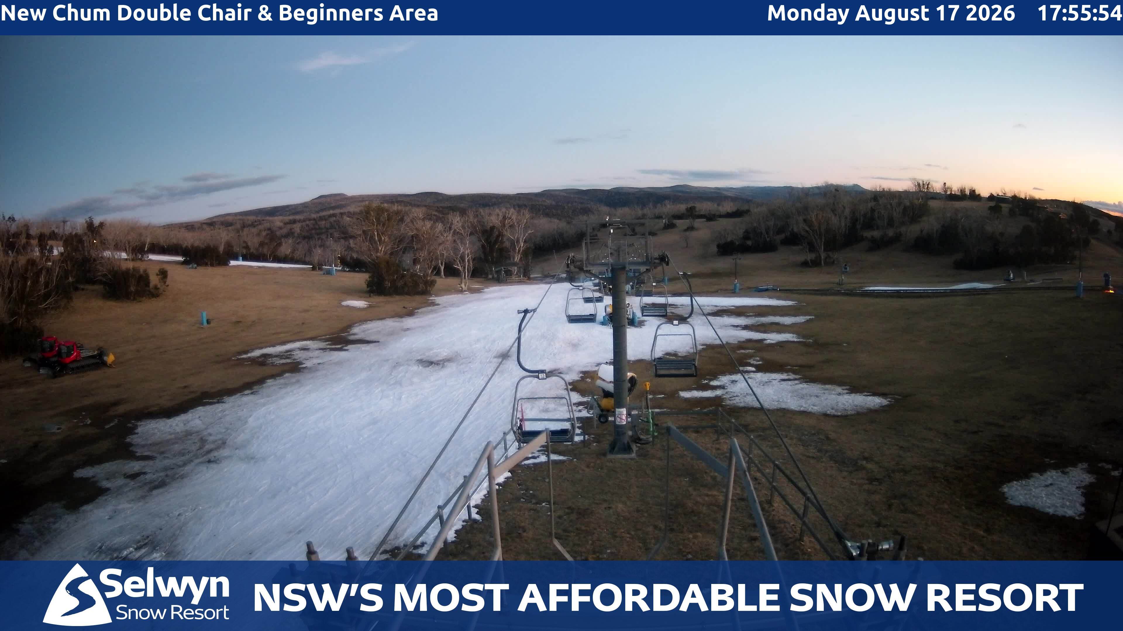 Selwyn Snow Resort New Chum Double Chair and Beginners Area snow cam captured at 17 August 2026 at 5:58 pm AEST