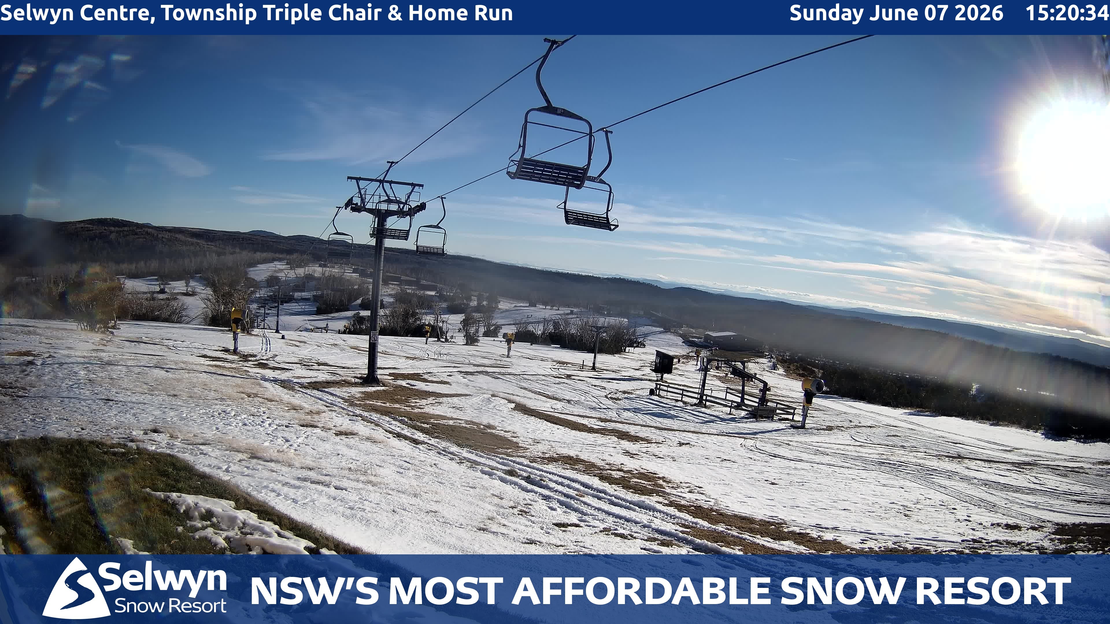 Selwyn Snow Resort Selwyn Centre, Township Triple Chair and Home Run snow cam captured at 7 June 2026, 5:21 am