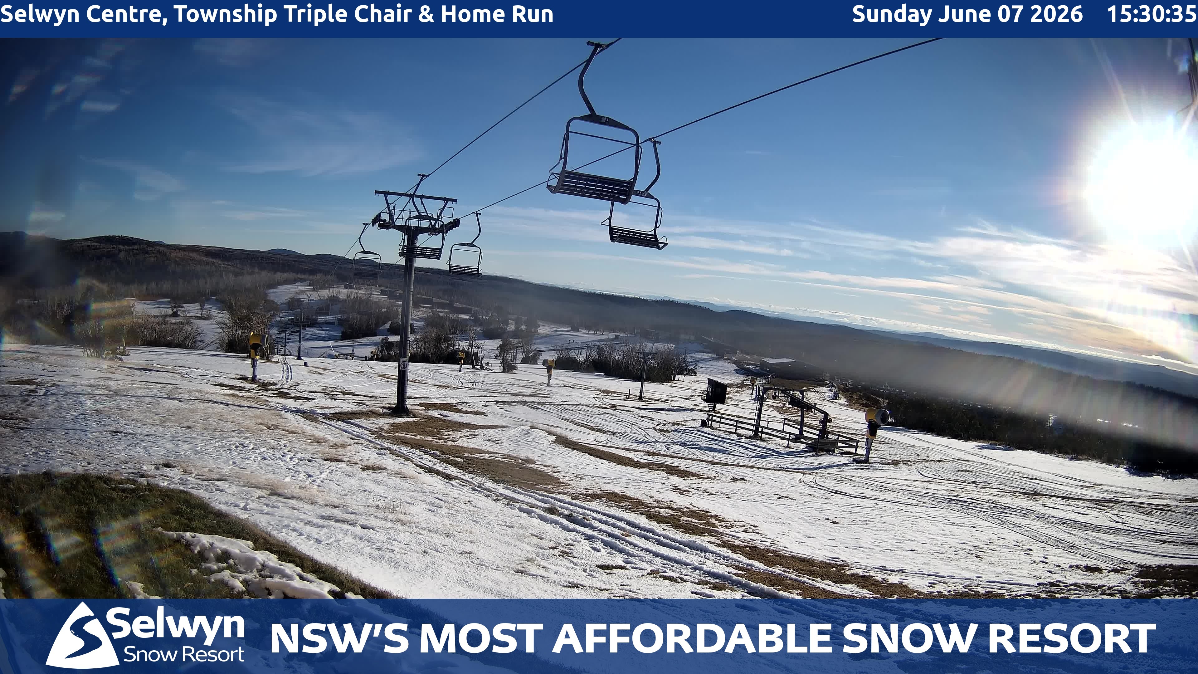 Selwyn Snow Resort Selwyn Centre, Township Triple Chair and Home Run snow cam captured at 7 June 2026, 5:31 am
